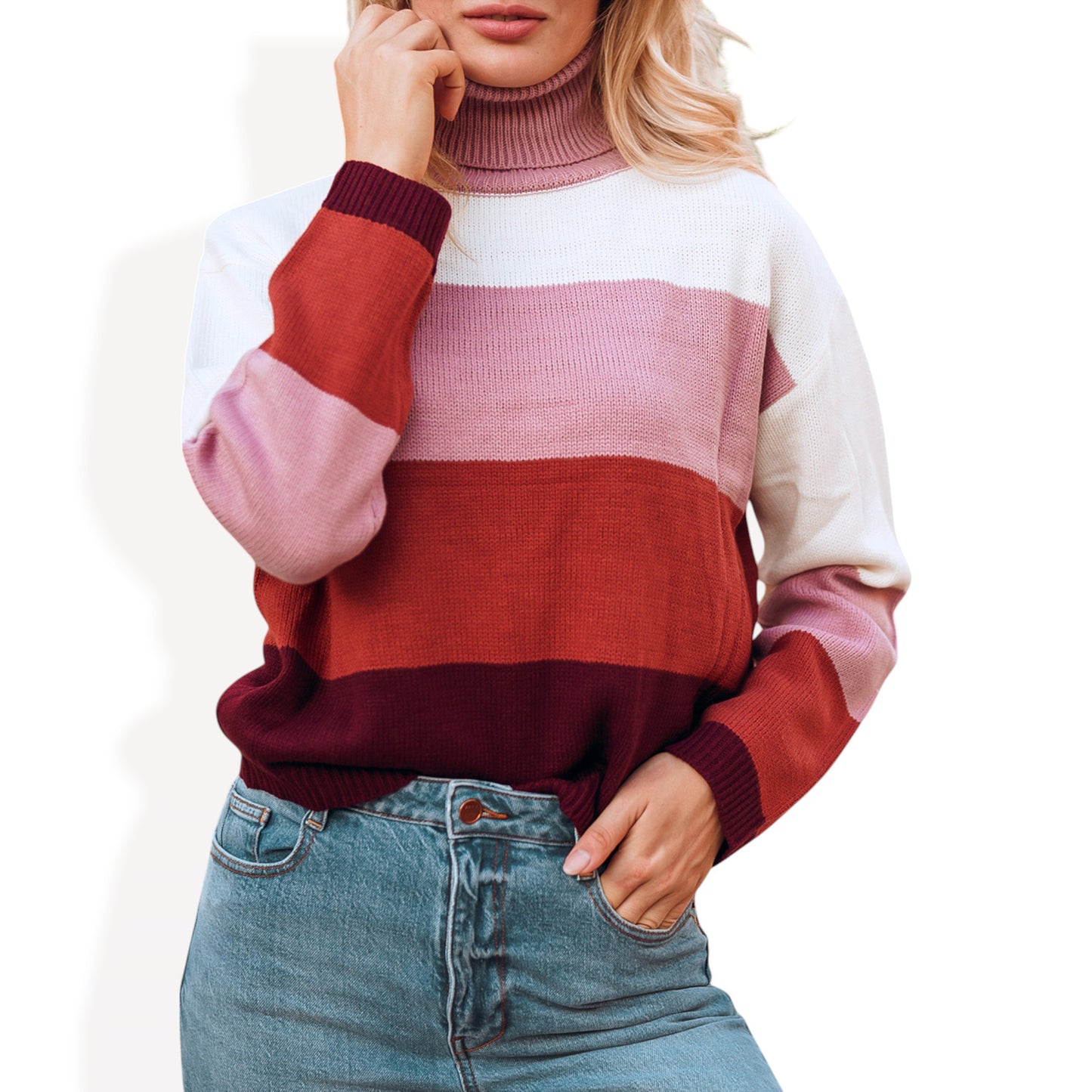 Anna-Kaci Women's Striped Turtleneck Knit Pullover Sweater with Long Sleeves
