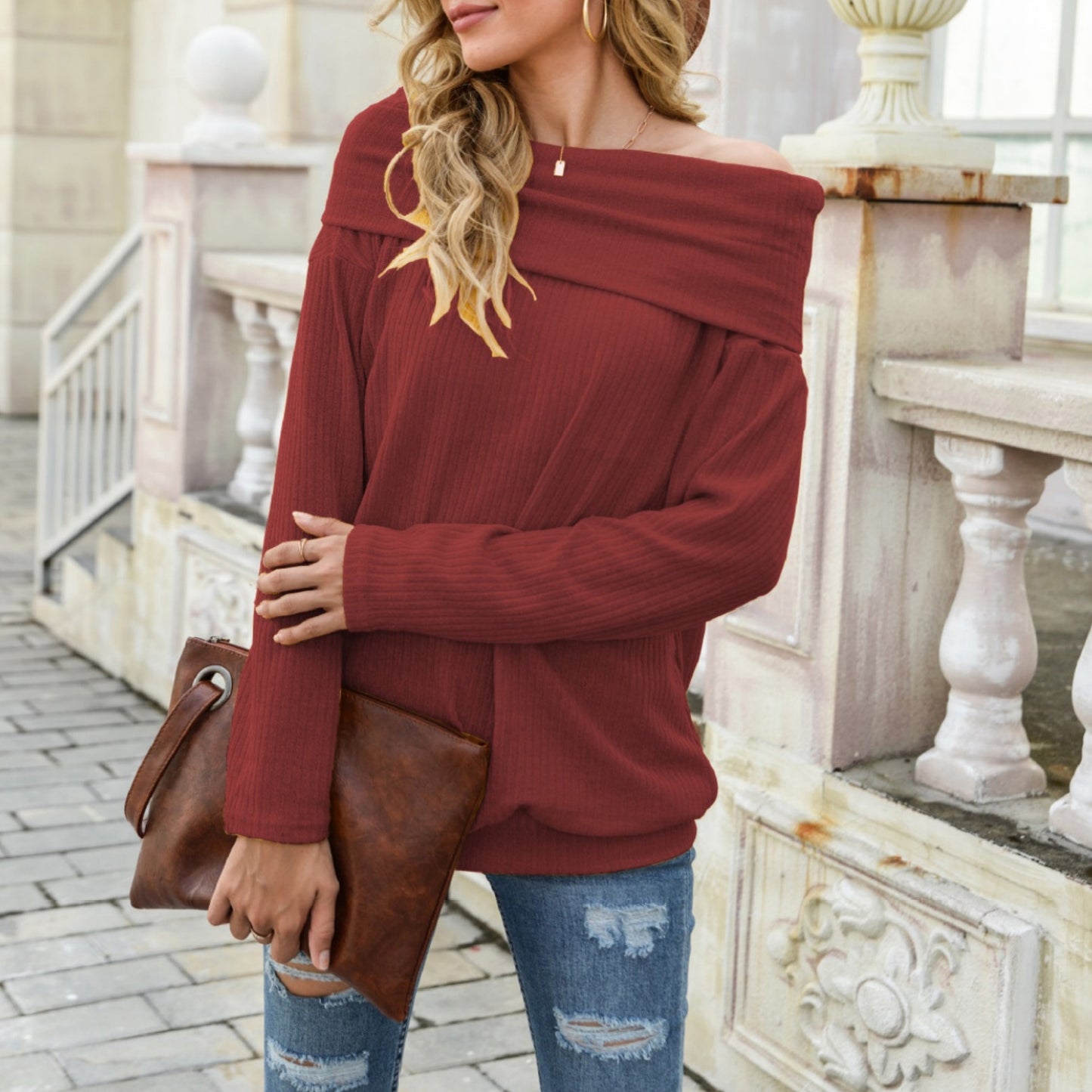 Anna-Kaci Women's Off Shoulder Ribbed Knit Long Sleeve Pullover Top