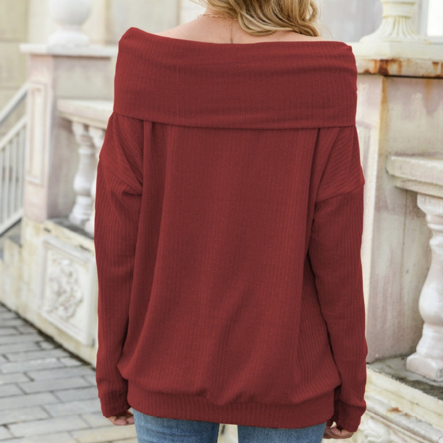 Anna-Kaci Women's Off Shoulder Ribbed Knit Long Sleeve Pullover Top