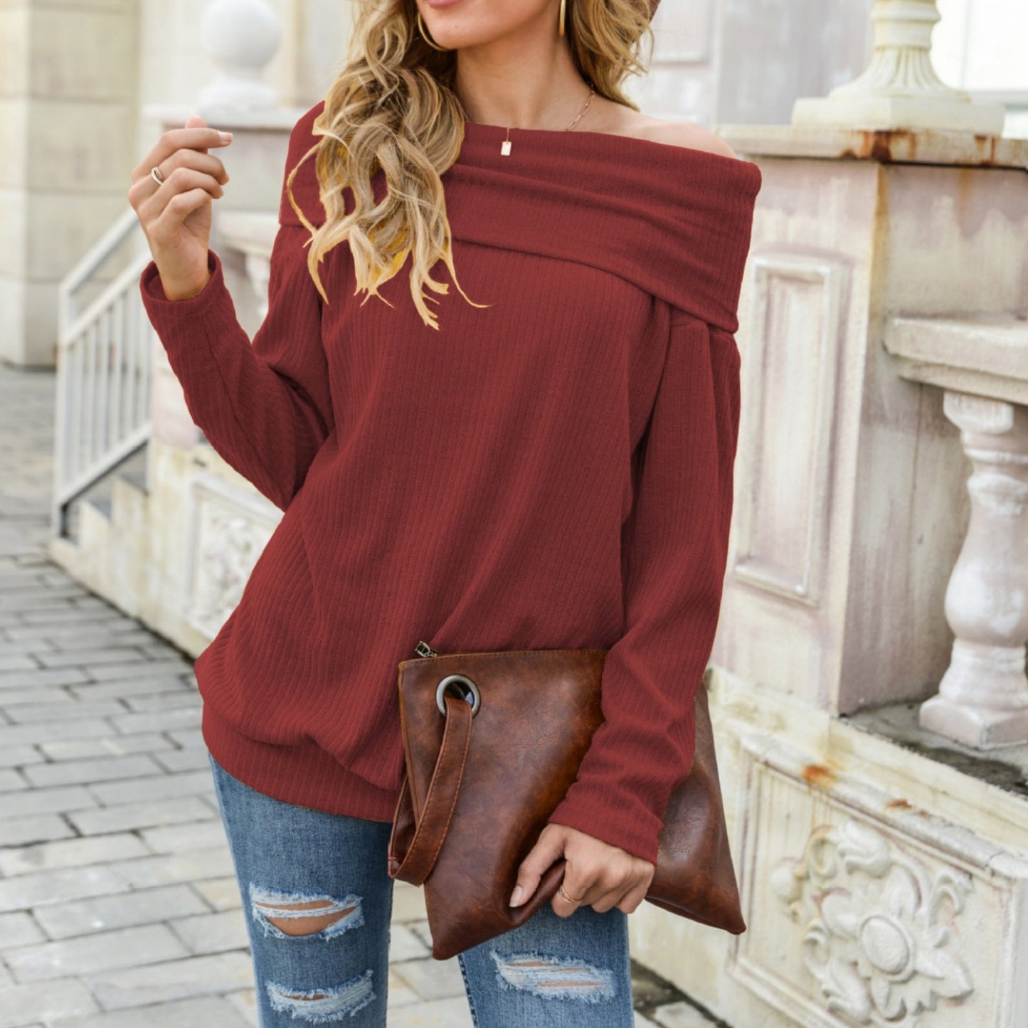Anna-Kaci Women's Off Shoulder Ribbed Knit Long Sleeve Pullover Top