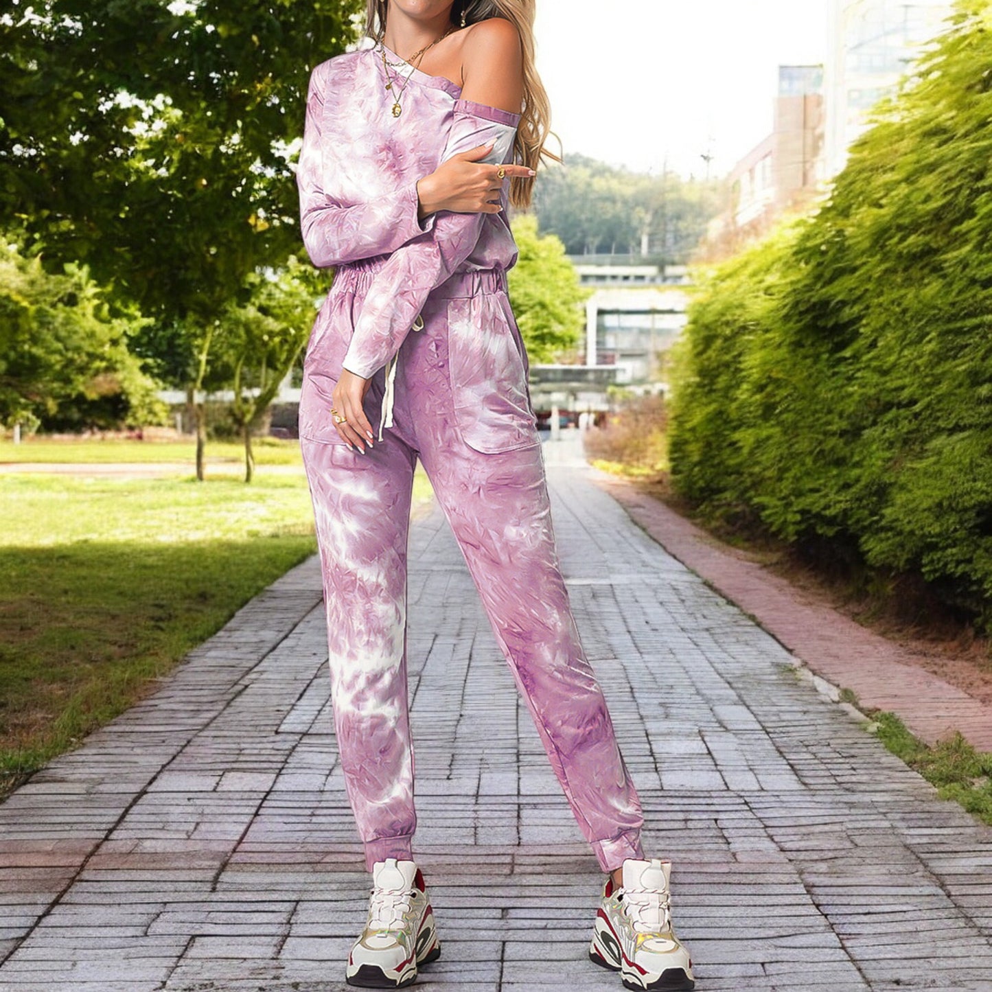 Anna-Kaci Women's Off Shoulder Tie Dye Long Sleeve Jumpsuit with Drawstring Waist and Jogger Style Pants
