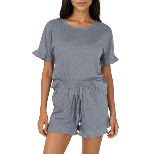Anna-Kaci Lounge Women's Short Sleeve Ruffle Hem Top and Drawstring Shorts Lounge Set