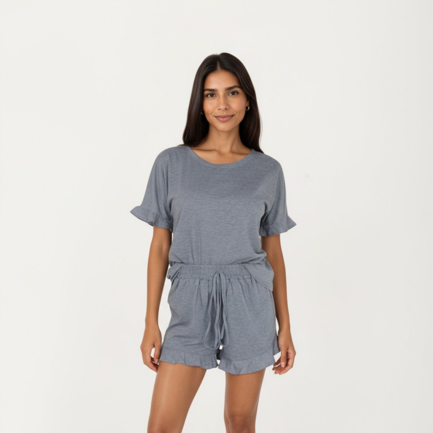 Anna-Kaci Lounge Women's Short Sleeve Ruffle Hem Top and Drawstring Shorts Lounge Set