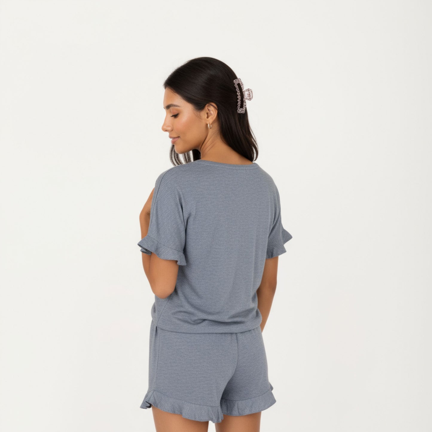 Anna-Kaci Lounge Women's Short Sleeve Ruffle Hem Top and Drawstring Shorts Lounge Set