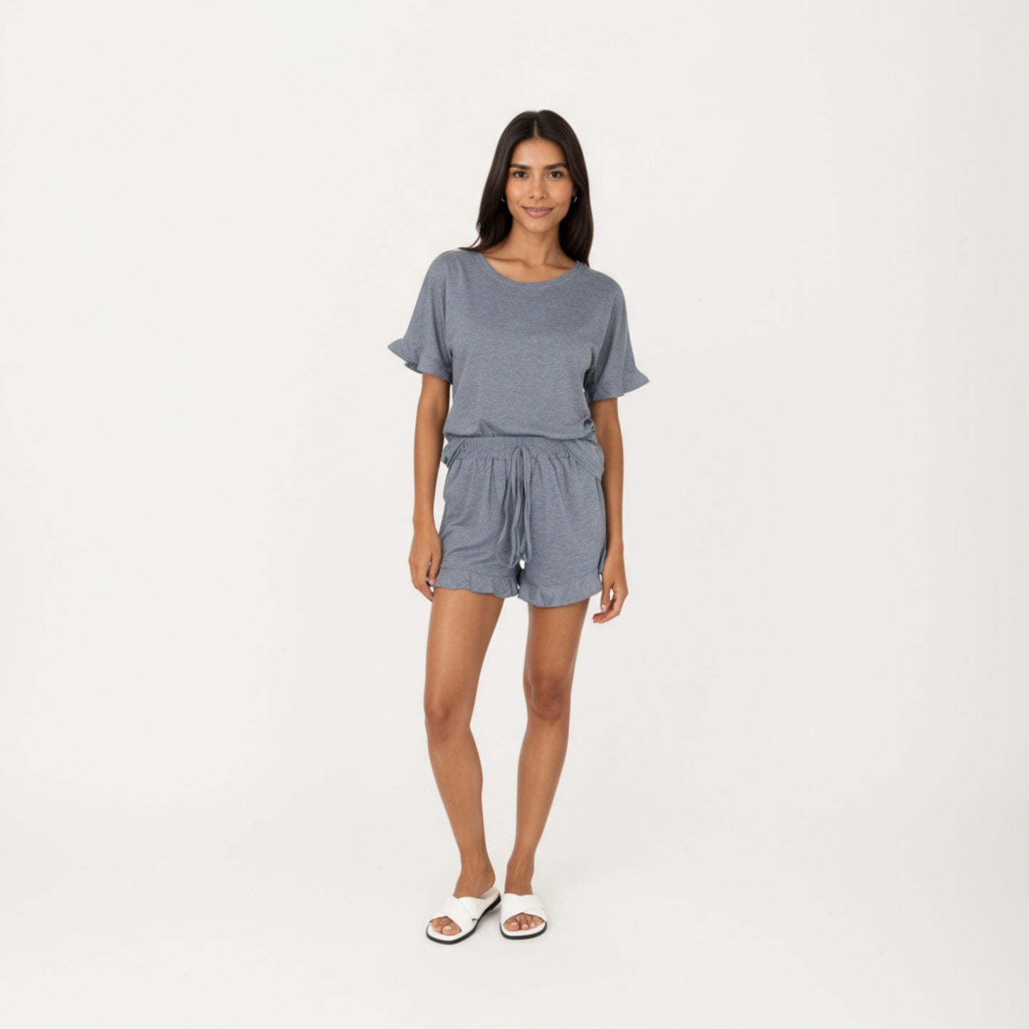 Anna-Kaci Lounge Women's Short Sleeve Ruffle Hem Top and Drawstring Shorts Lounge Set
