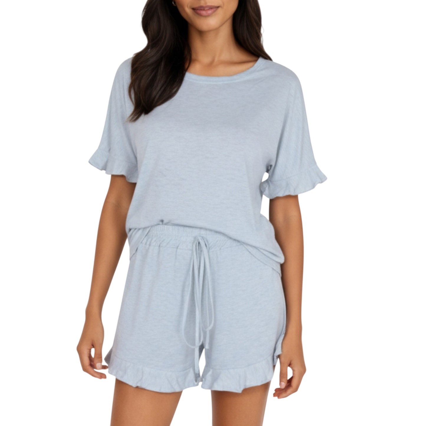 Anna-Kaci Lounge Women's Short Sleeve Ruffle Hem Top and Drawstring Shorts Lounge Set
