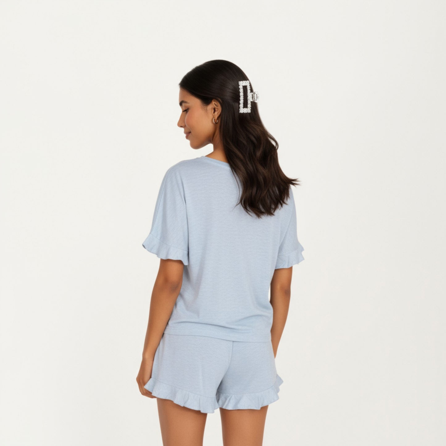 Anna-Kaci Lounge Women's Short Sleeve Ruffle Hem Top and Drawstring Shorts Lounge Set