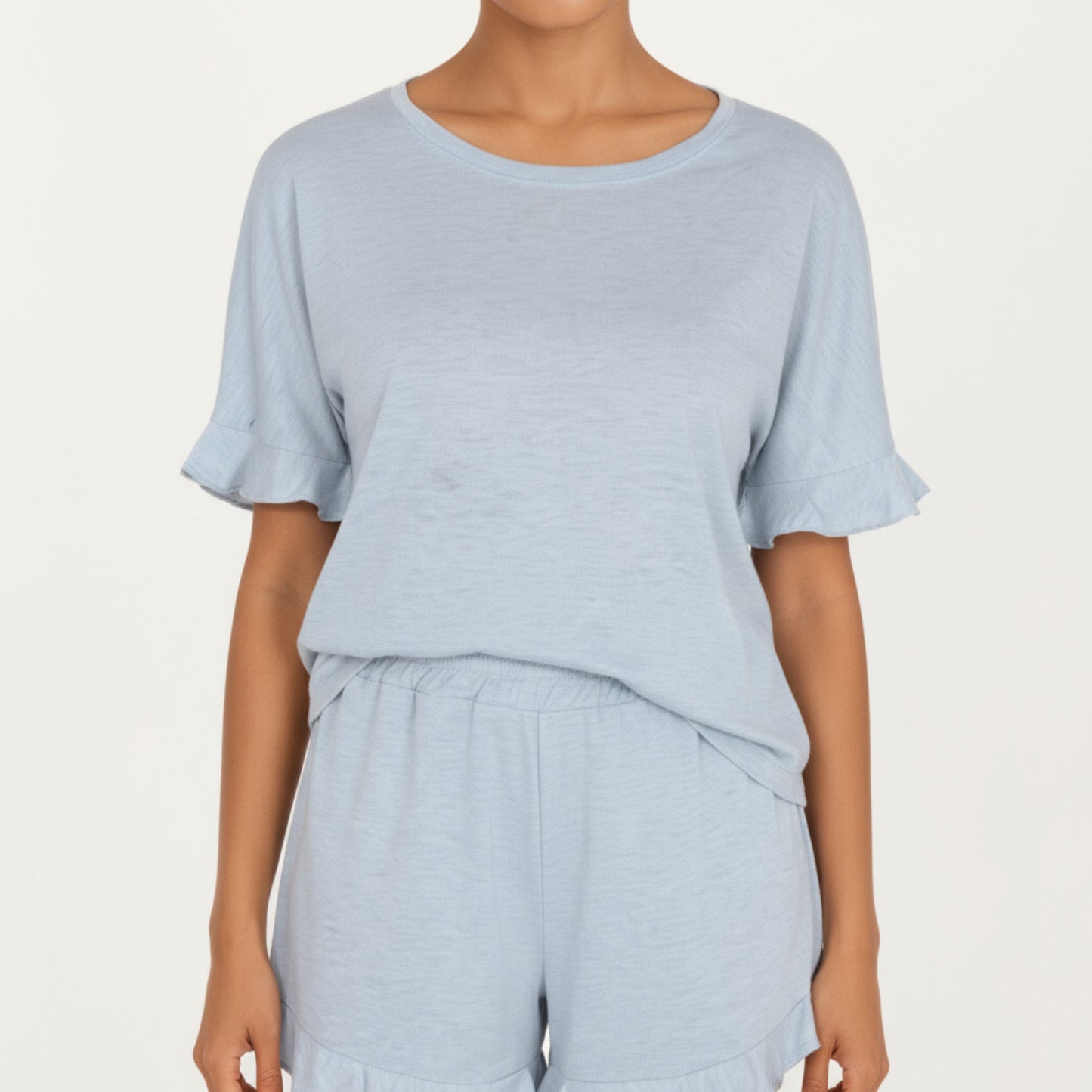 Anna-Kaci Lounge Women's Short Sleeve Ruffle Hem Top and Drawstring Shorts Lounge Set