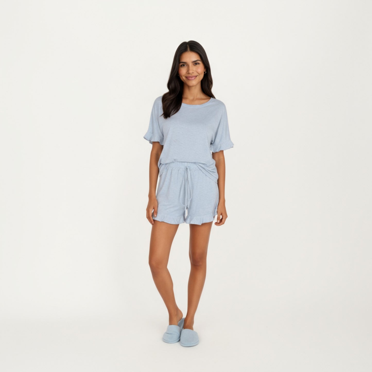 Anna-Kaci Lounge Women's Short Sleeve Ruffle Hem Top and Drawstring Shorts Lounge Set