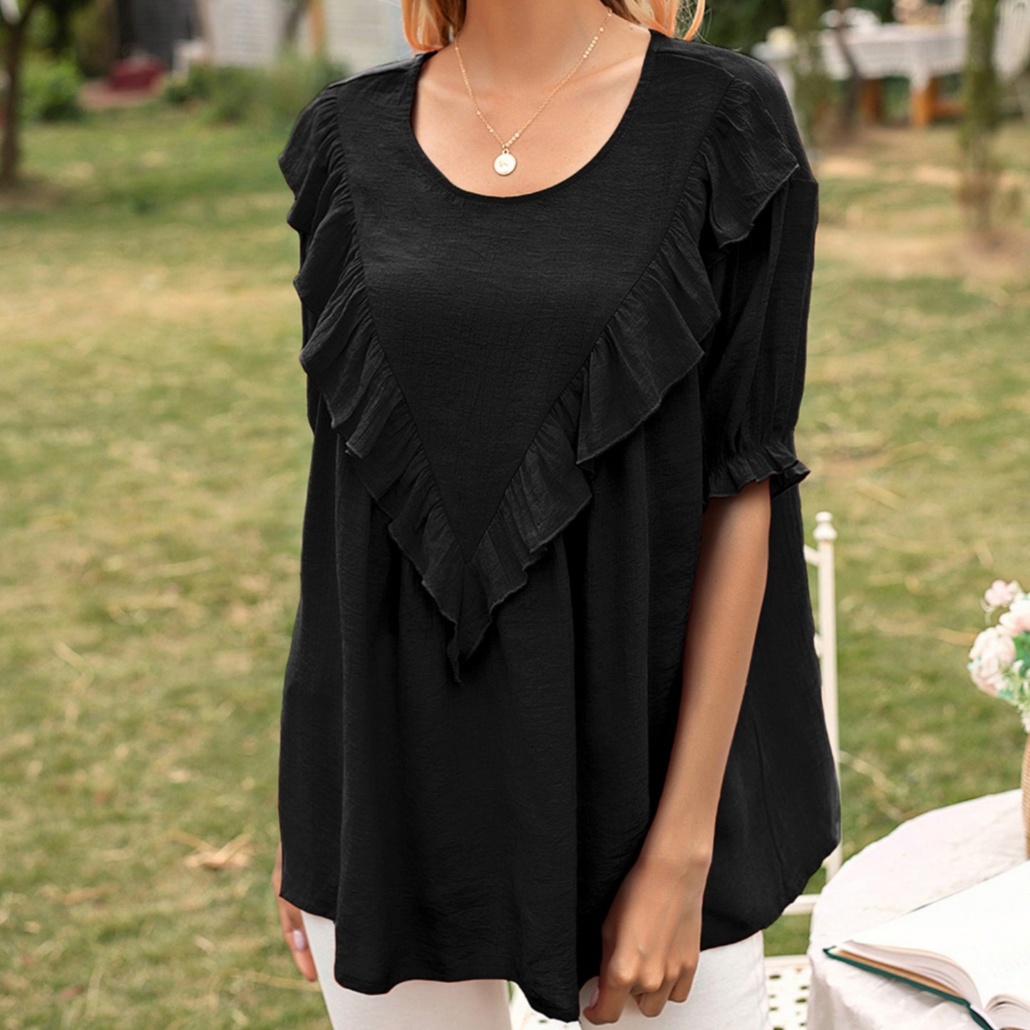 Anna-Kaci Women's Short Sleeve Loose Fit Blouse with Ruffle Trim and Round Neckline