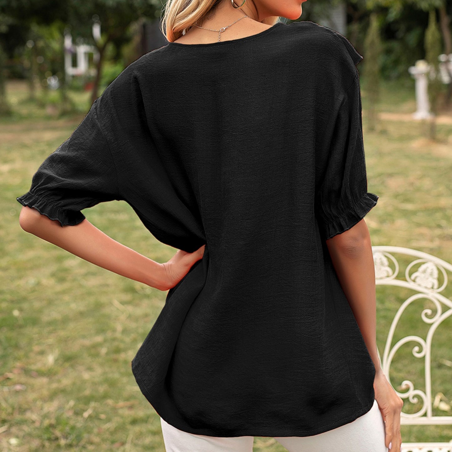 Anna-Kaci Women's Short Sleeve Loose Fit Blouse with Ruffle Trim and Round Neckline