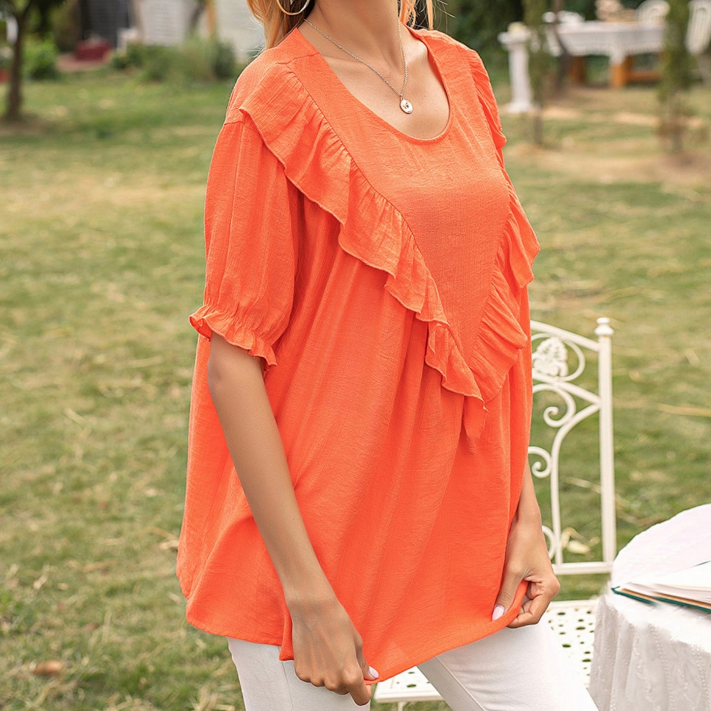 Anna-Kaci Women's Short Sleeve Loose Fit Blouse with Ruffle Trim and Round Neckline