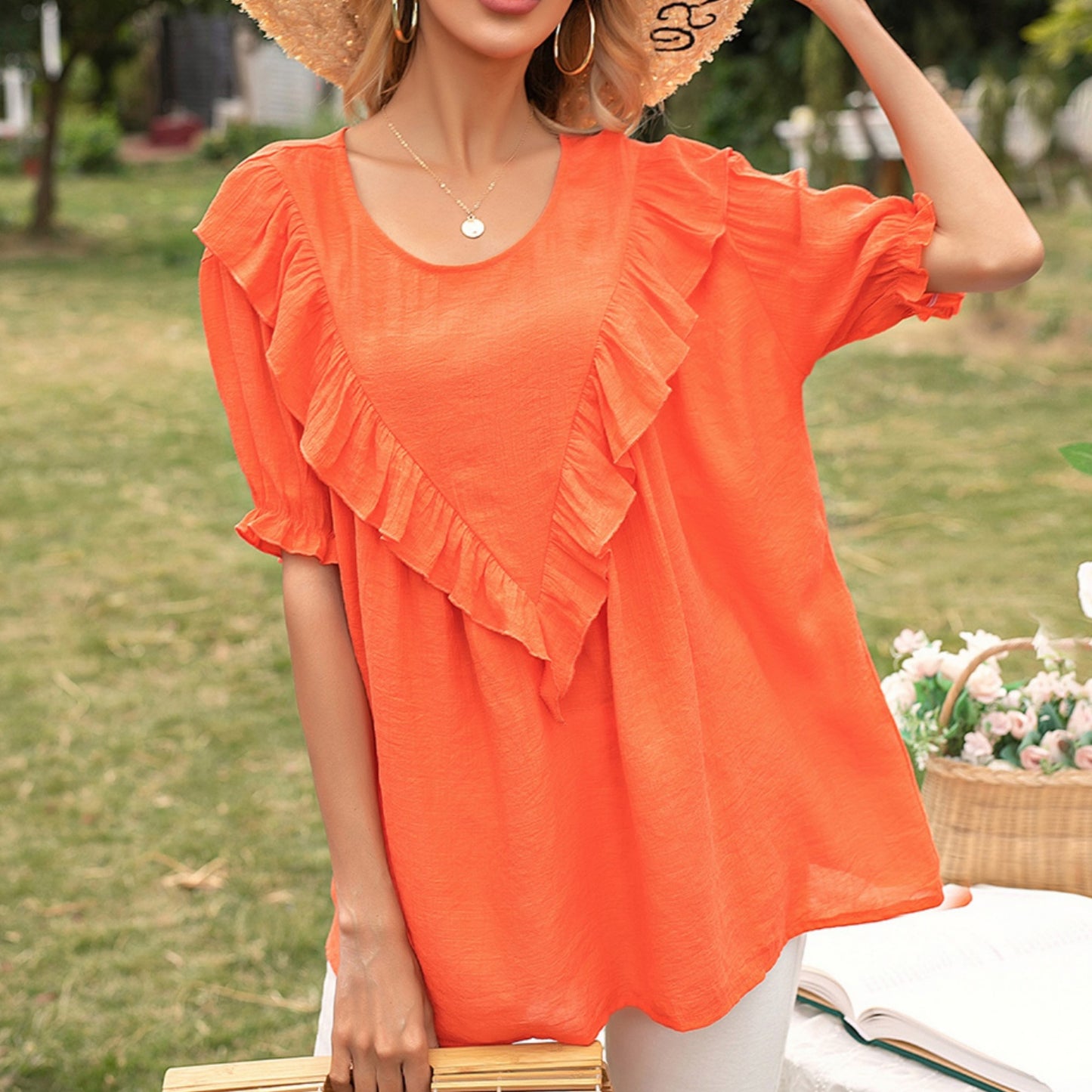 Anna-Kaci Women's Short Sleeve Loose Fit Blouse with Ruffle Trim and Round Neckline
