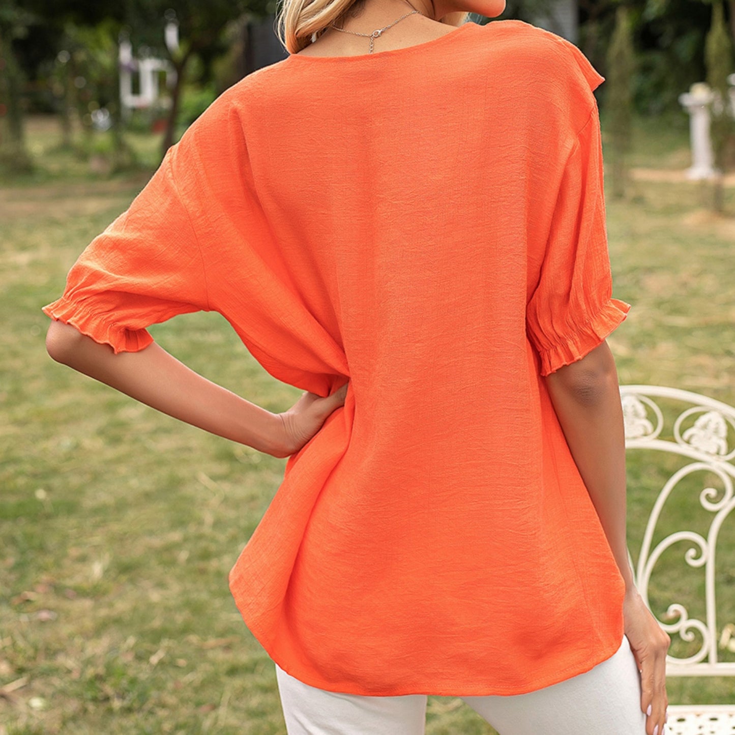 Anna-Kaci Women's Short Sleeve Loose Fit Blouse with Ruffle Trim and Round Neckline