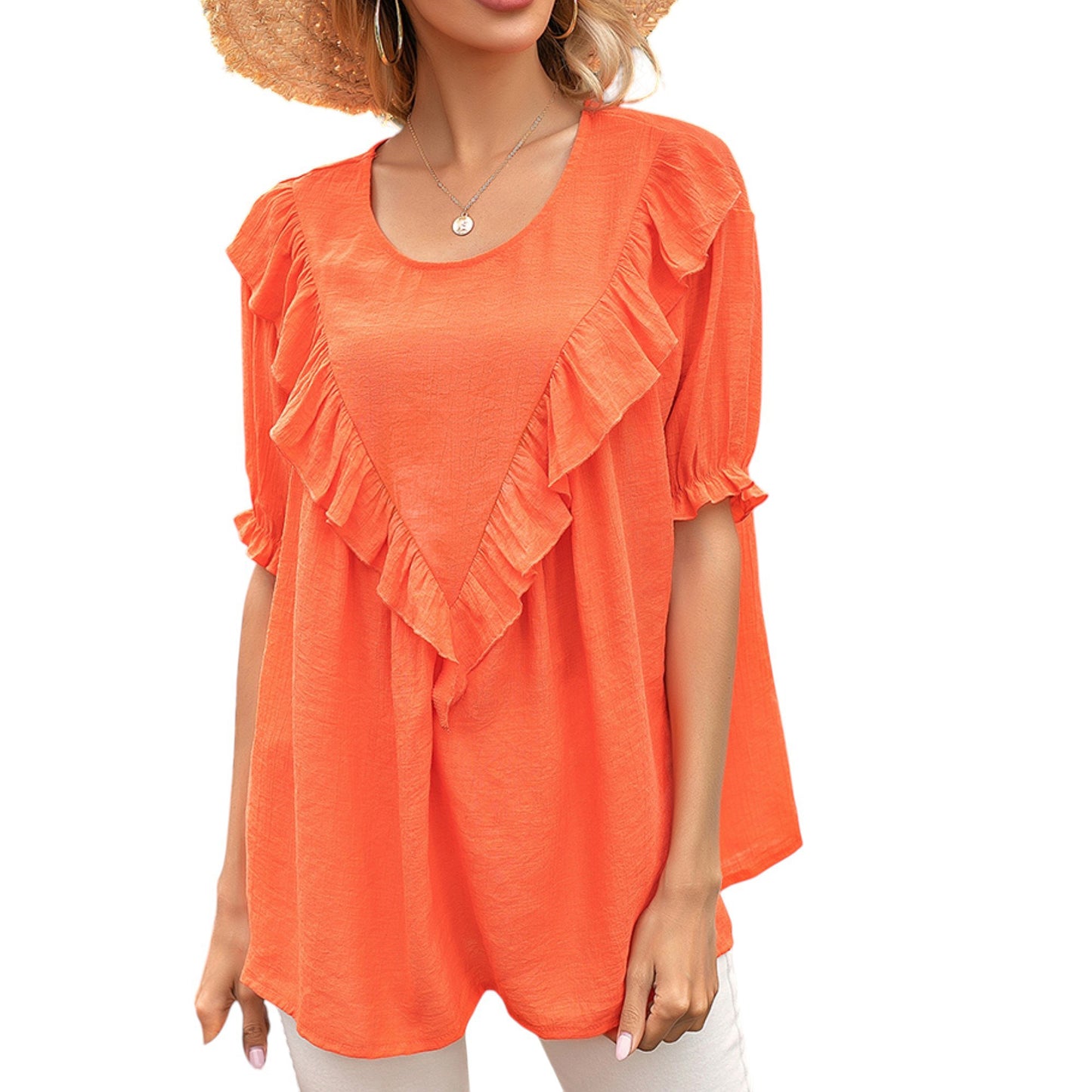 Anna-Kaci Women's Short Sleeve Loose Fit Blouse with Ruffle Trim and Round Neckline