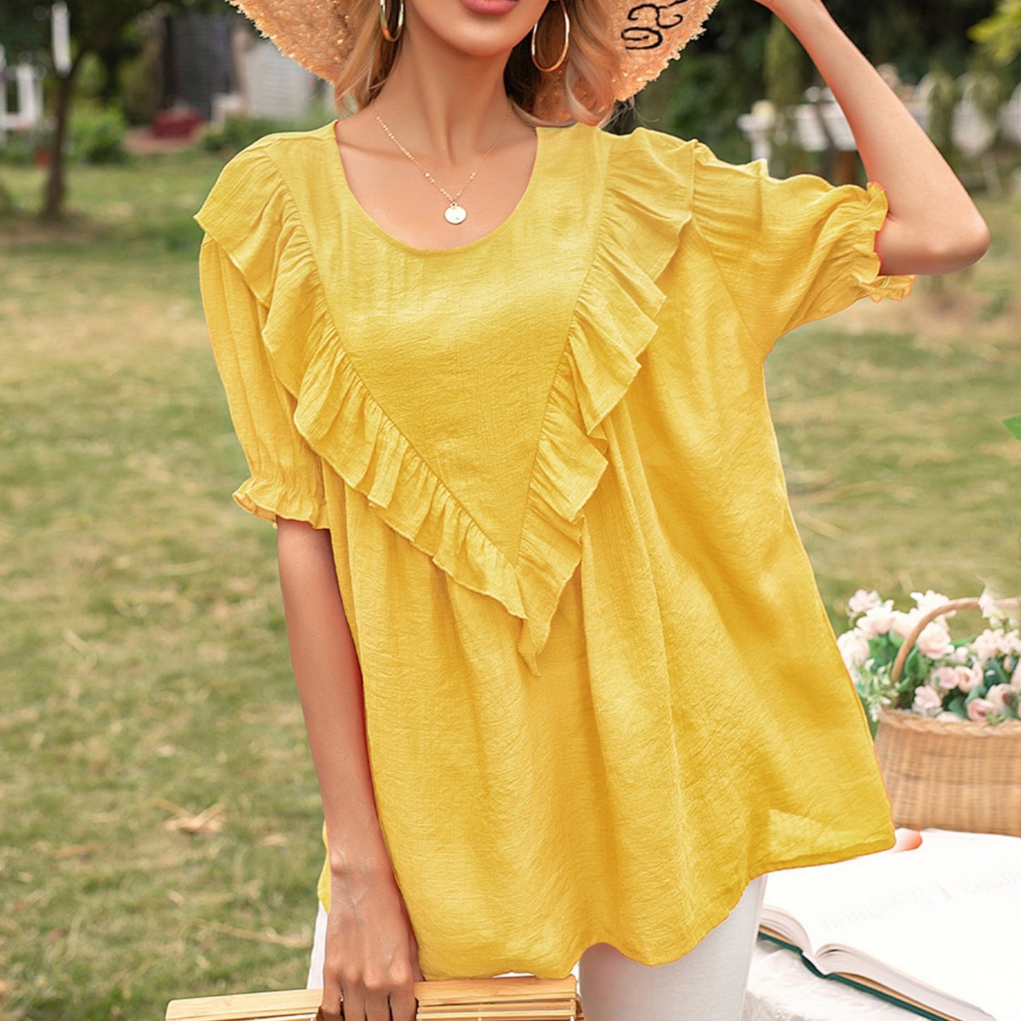 Anna-Kaci Women's Short Sleeve Loose Fit Blouse with Ruffle Trim and Round Neckline