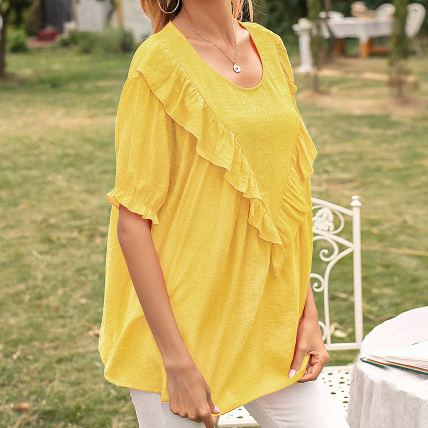 Anna-Kaci Women's Short Sleeve Loose Fit Blouse with Ruffle Trim and Round Neckline