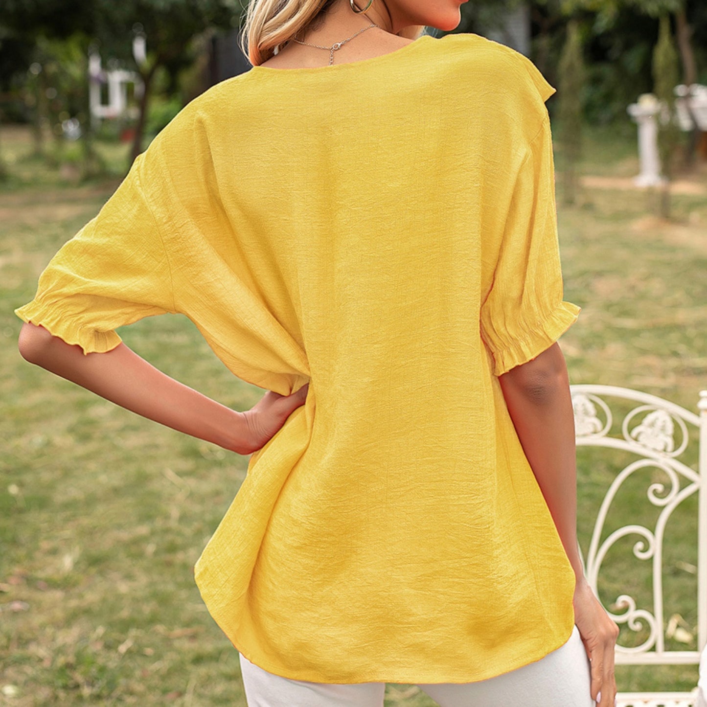 Anna-Kaci Women's Short Sleeve Loose Fit Blouse with Ruffle Trim and Round Neckline