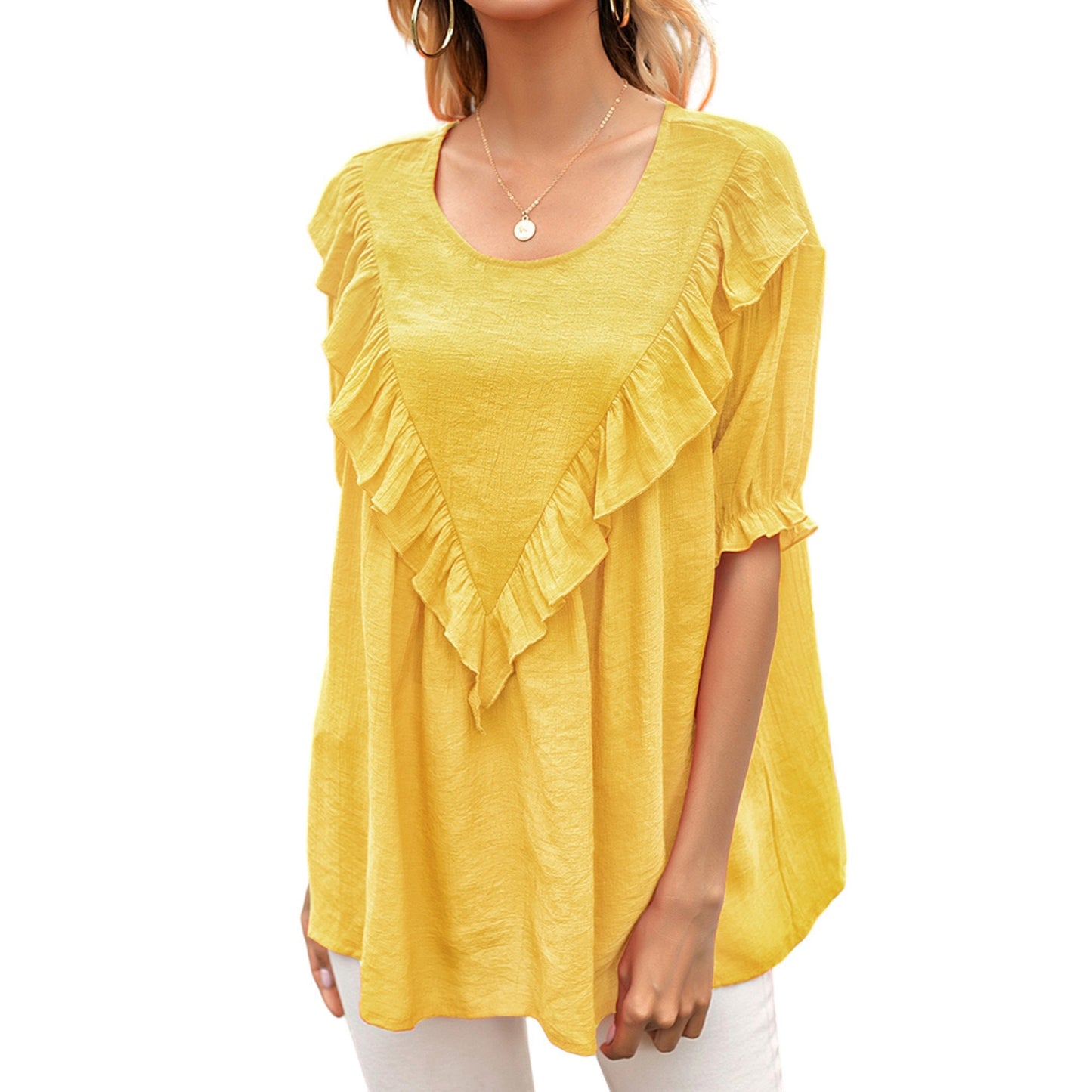 Anna-Kaci Women's Short Sleeve Loose Fit Blouse with Ruffle Trim and Round Neckline