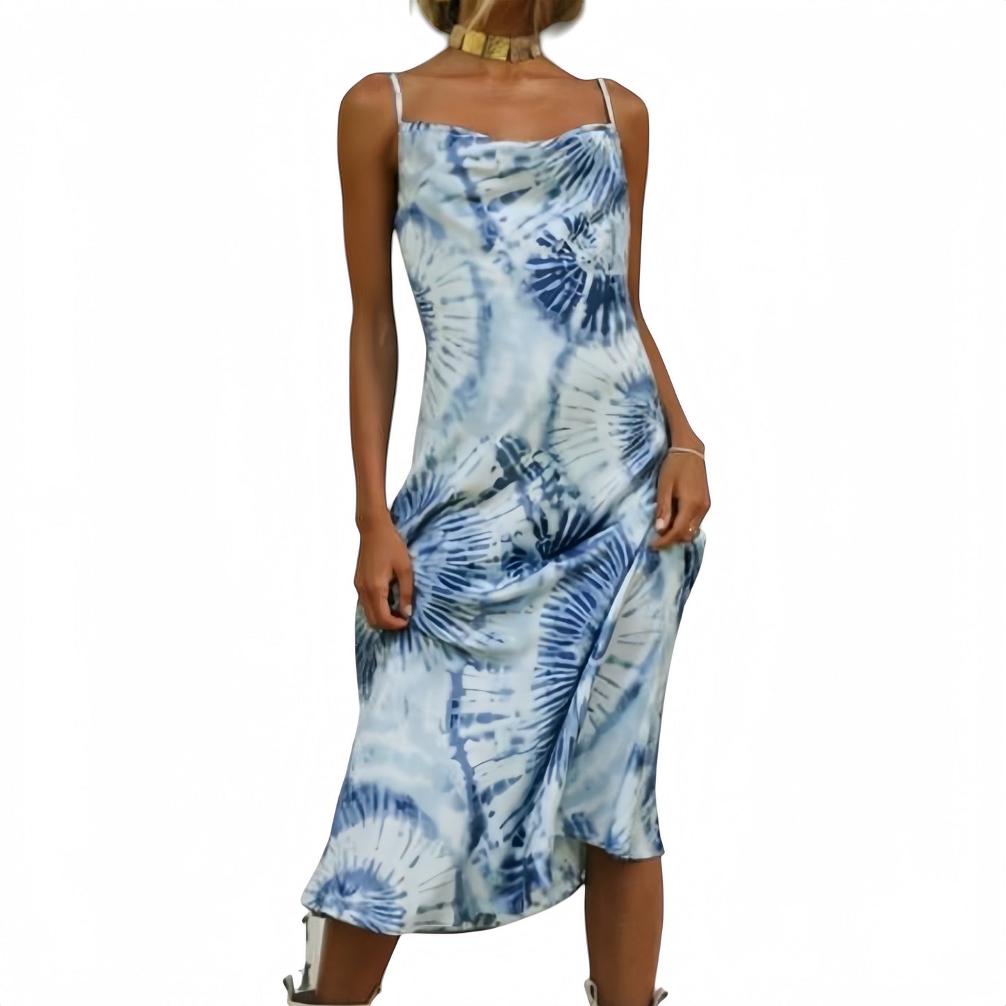 Anna-Kaci Women's Tie Dye Midi Slip Dress with Cowl Neckline and Spaghetti Straps