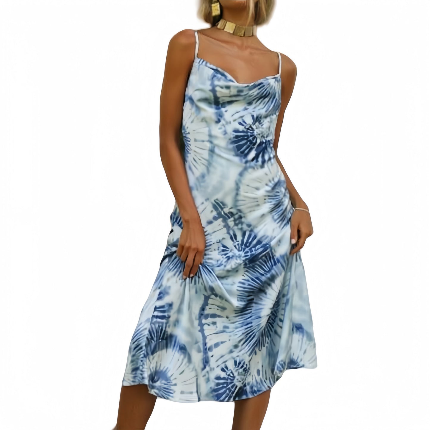Anna-Kaci Women's Tie Dye Midi Slip Dress with Cowl Neckline and Spaghetti Straps