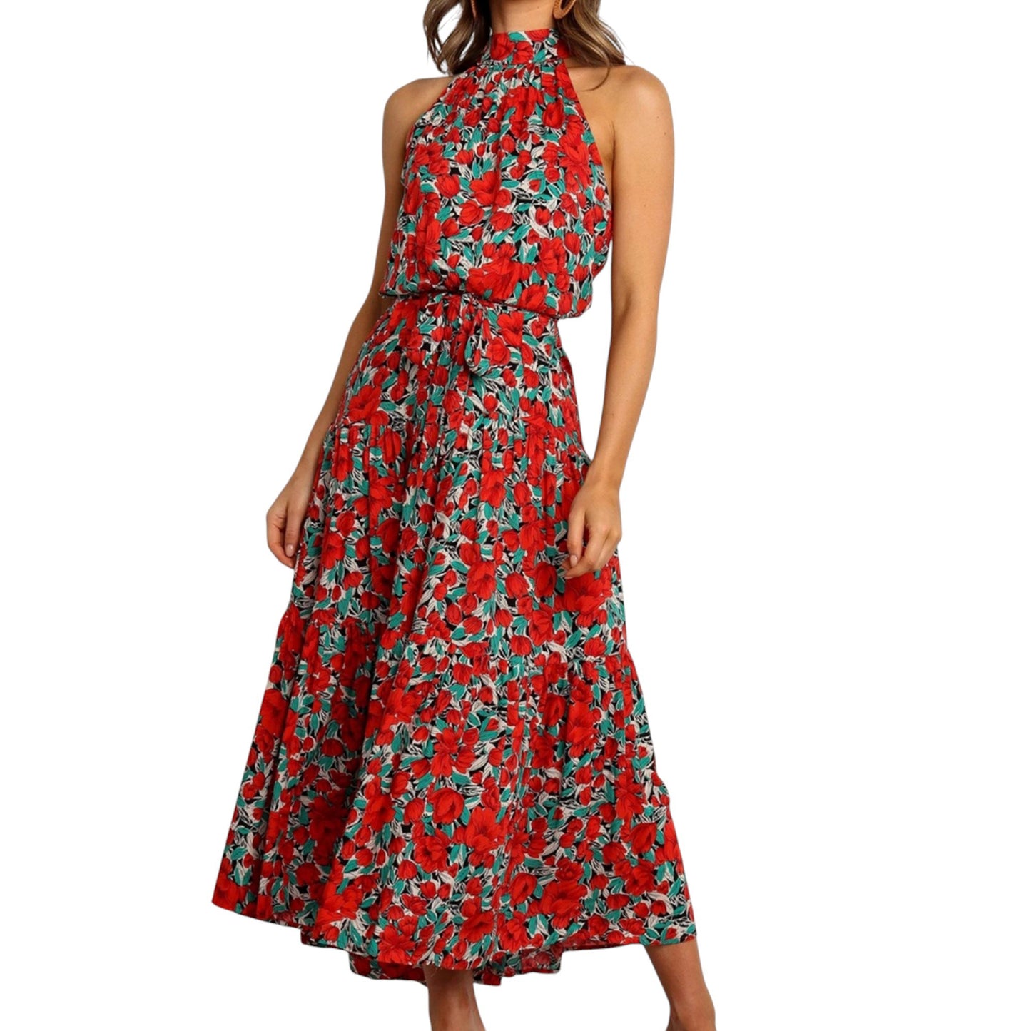 Anna-Kaci Women's Halter Neck Floral Maxi Dress with Waist Tie and Flowing Skirt