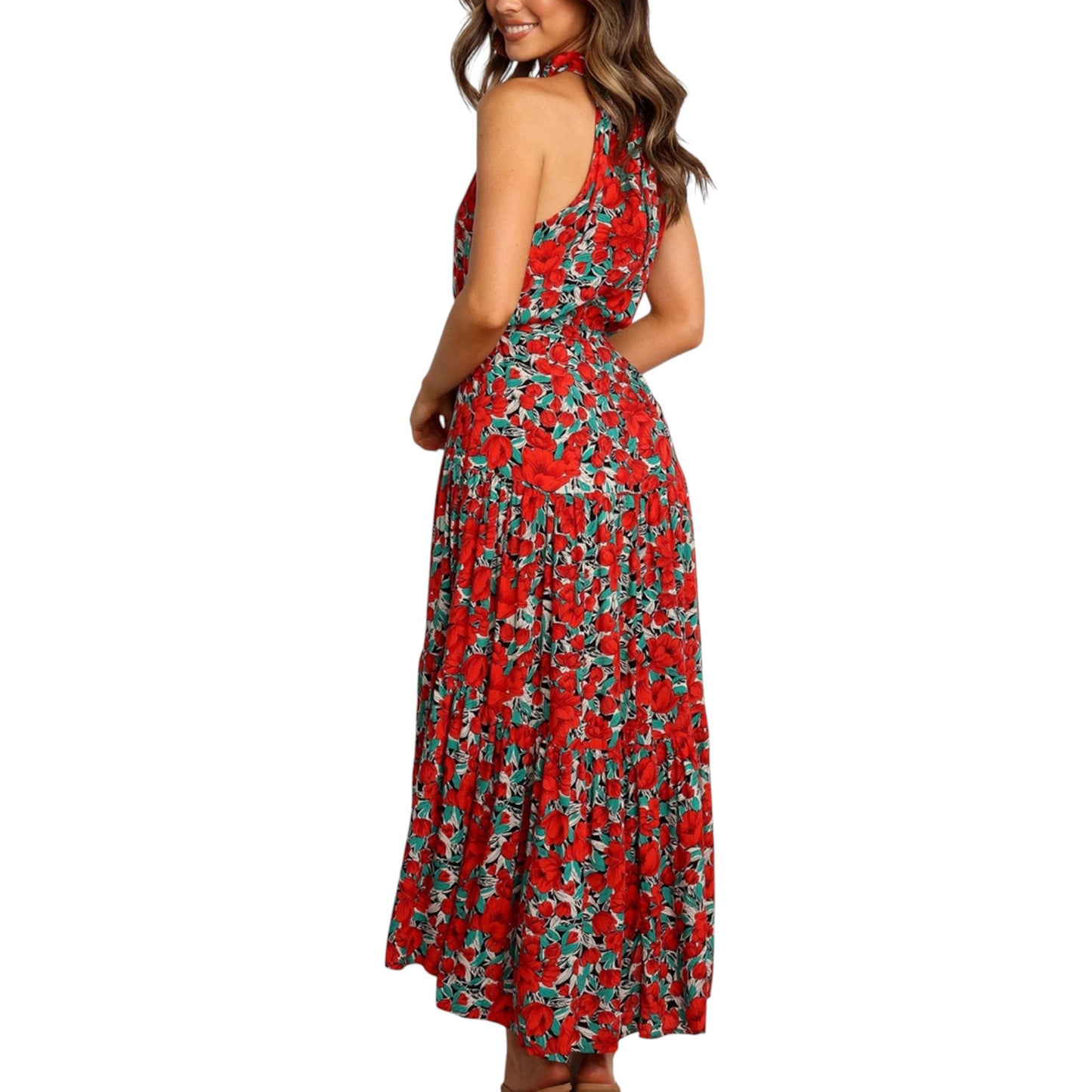 Anna-Kaci Women's Halter Neck Floral Maxi Dress with Waist Tie and Flowing Skirt