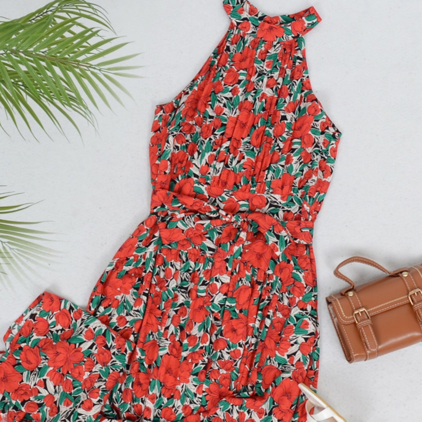 Anna-Kaci Women's Halter Neck Floral Maxi Dress with Waist Tie and Flowing Skirt