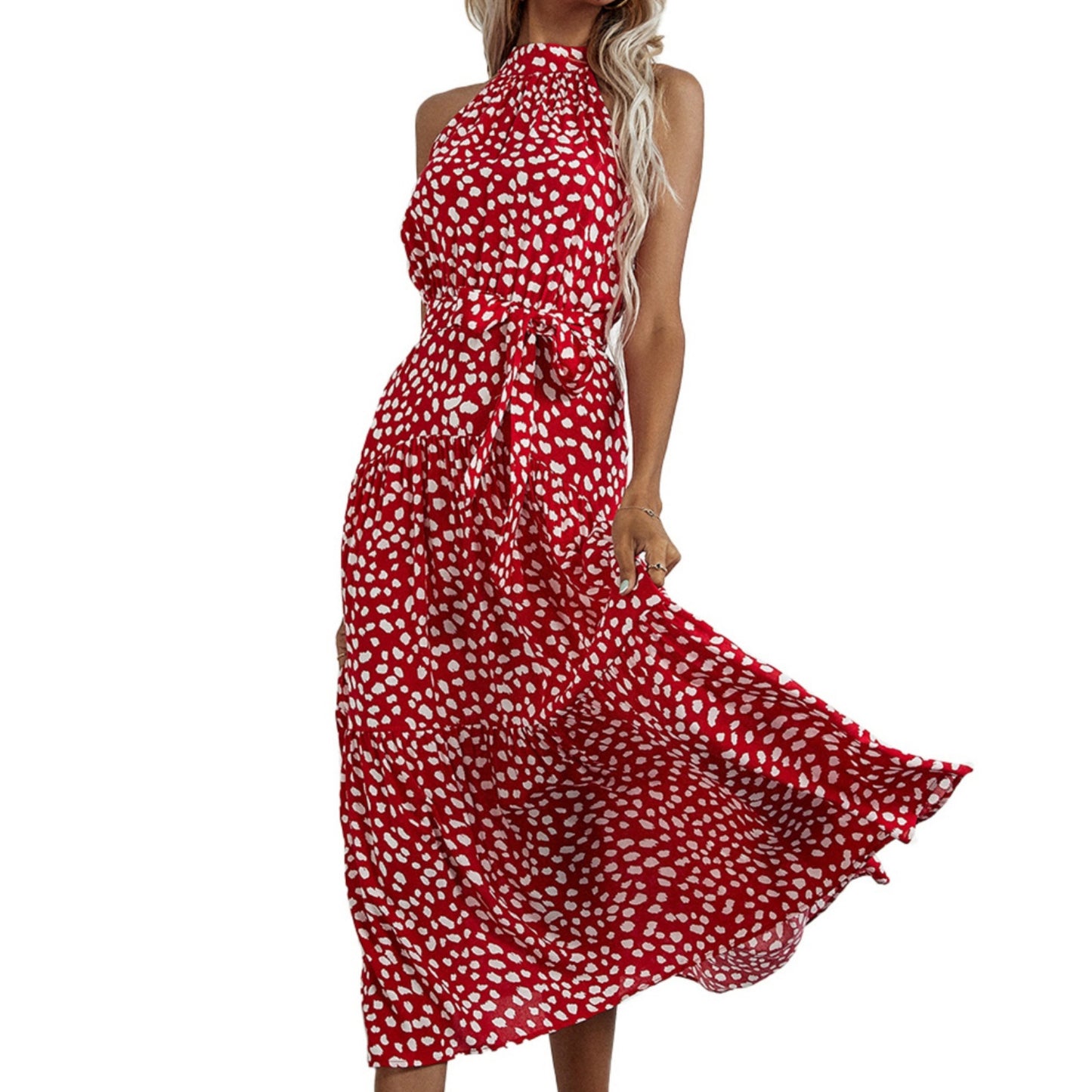 Anna-Kaci Women's Halter Neck Floral Maxi Dress with Waist Tie and Flowing Skirt