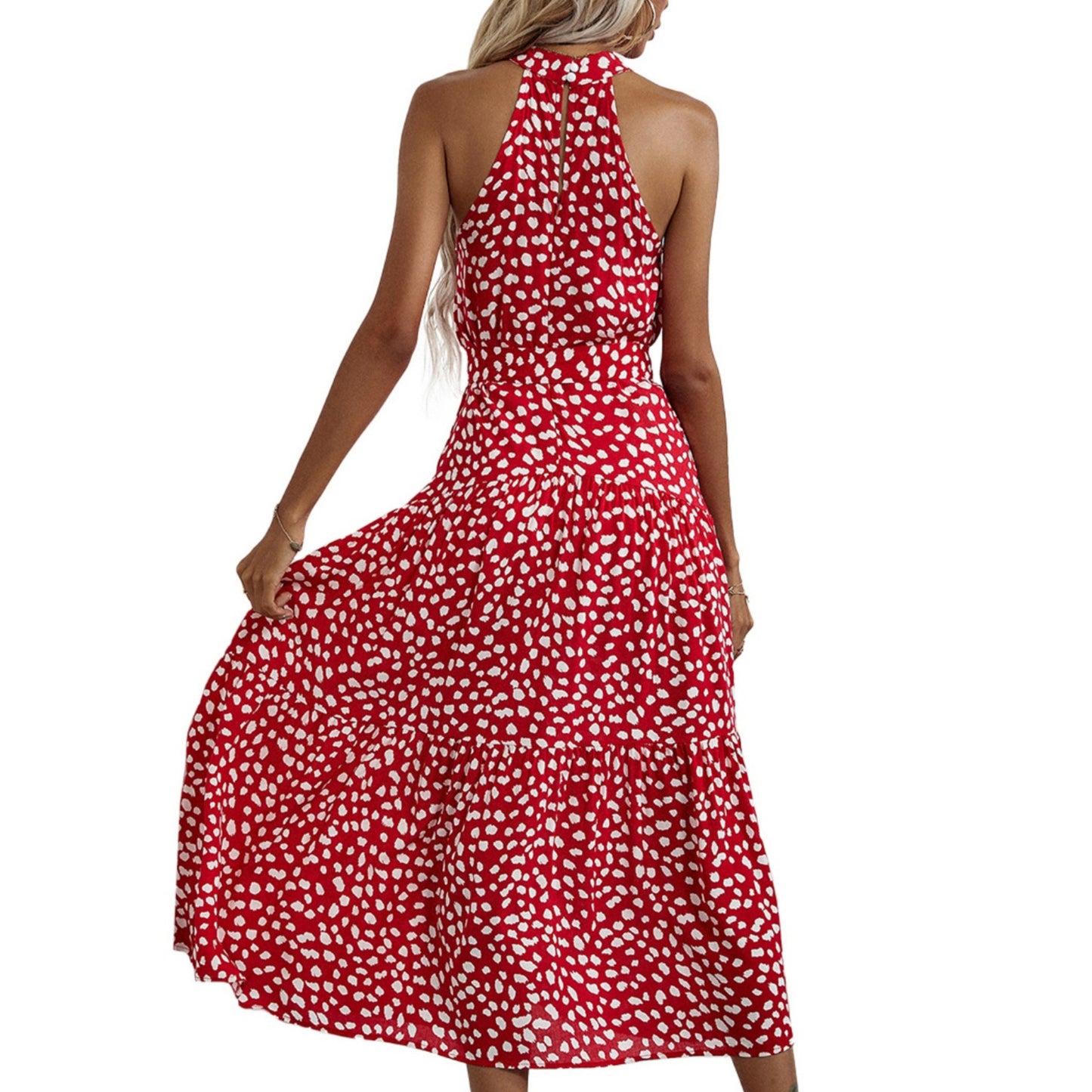 Anna-Kaci Women's Halter Neck Floral Maxi Dress with Waist Tie and Flowing Skirt