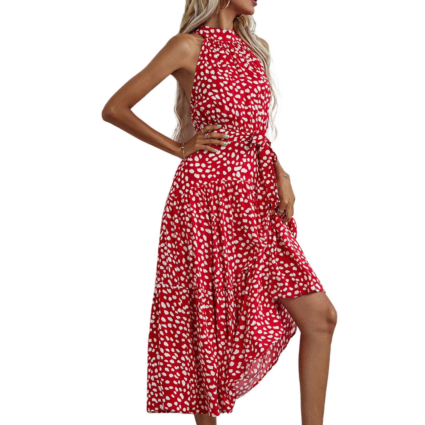 Anna-Kaci Women's Halter Neck Floral Maxi Dress with Waist Tie and Flowing Skirt