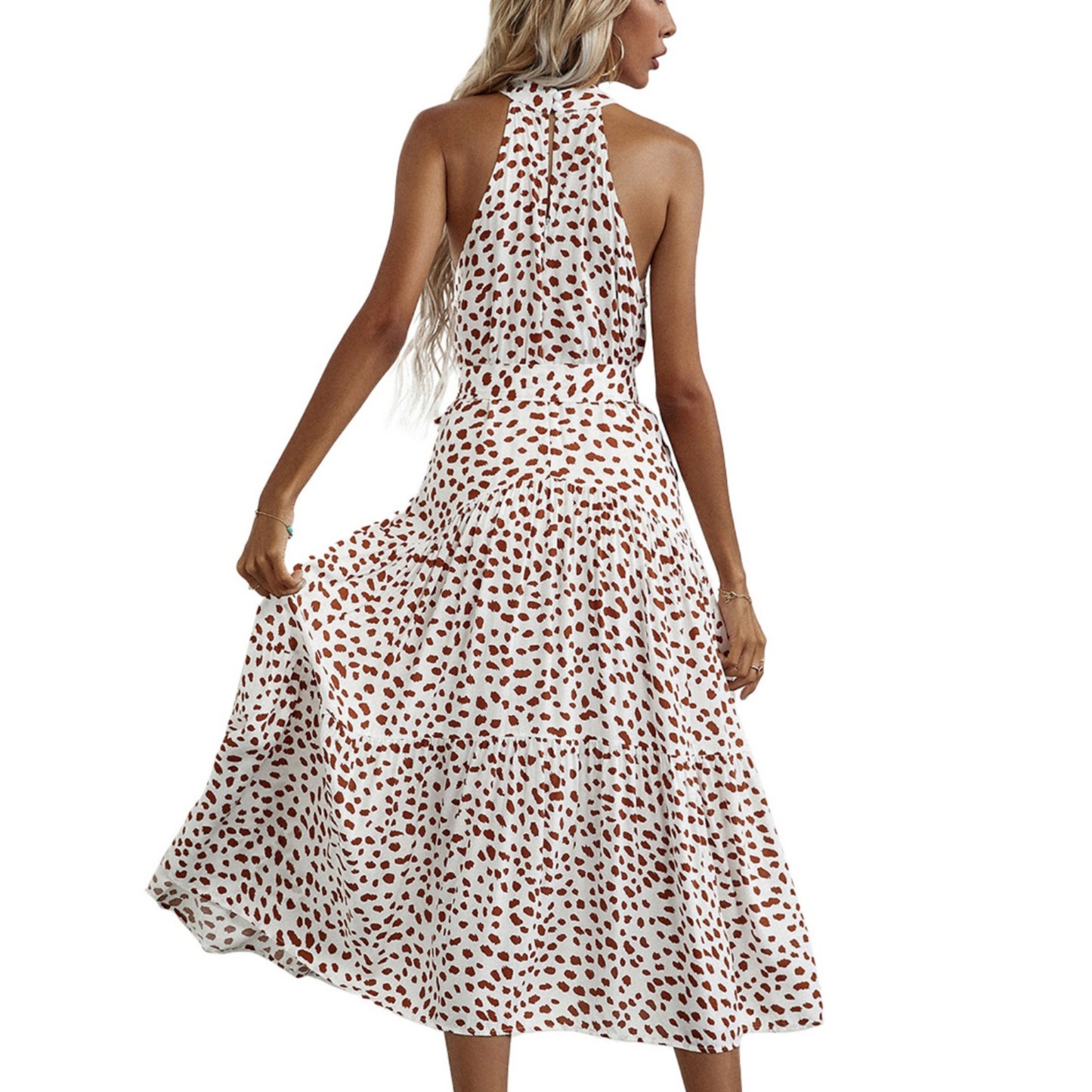 Anna-Kaci Women's Halter Neck Floral Maxi Dress with Waist Tie and Flowing Skirt