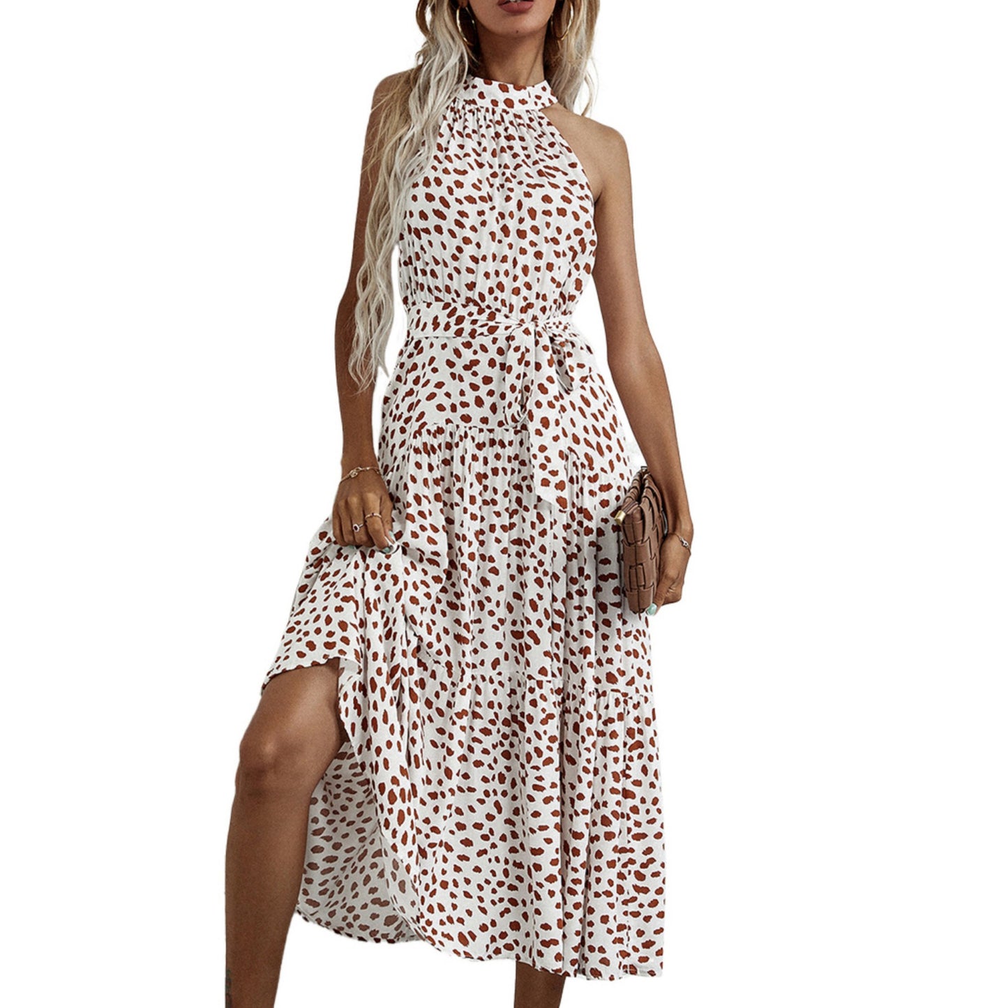 Anna-Kaci Women's Halter Neck Floral Maxi Dress with Waist Tie and Flowing Skirt