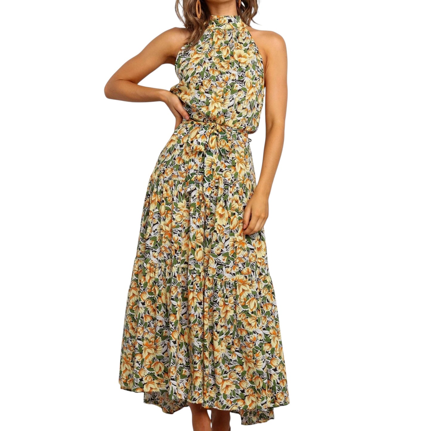 Anna-Kaci Women's Halter Neck Floral Maxi Dress with Waist Tie and Flowing Skirt