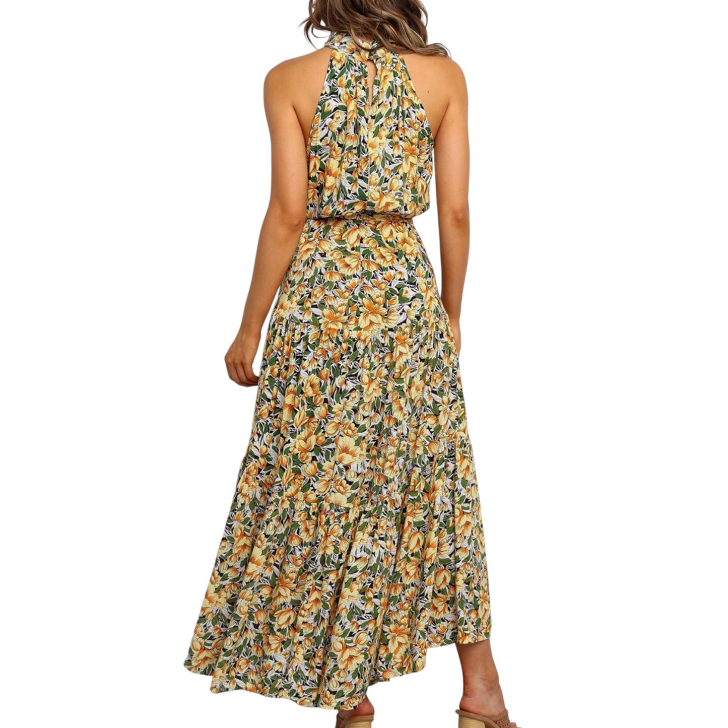 Anna-Kaci Women's Halter Neck Floral Maxi Dress with Waist Tie and Flowing Skirt