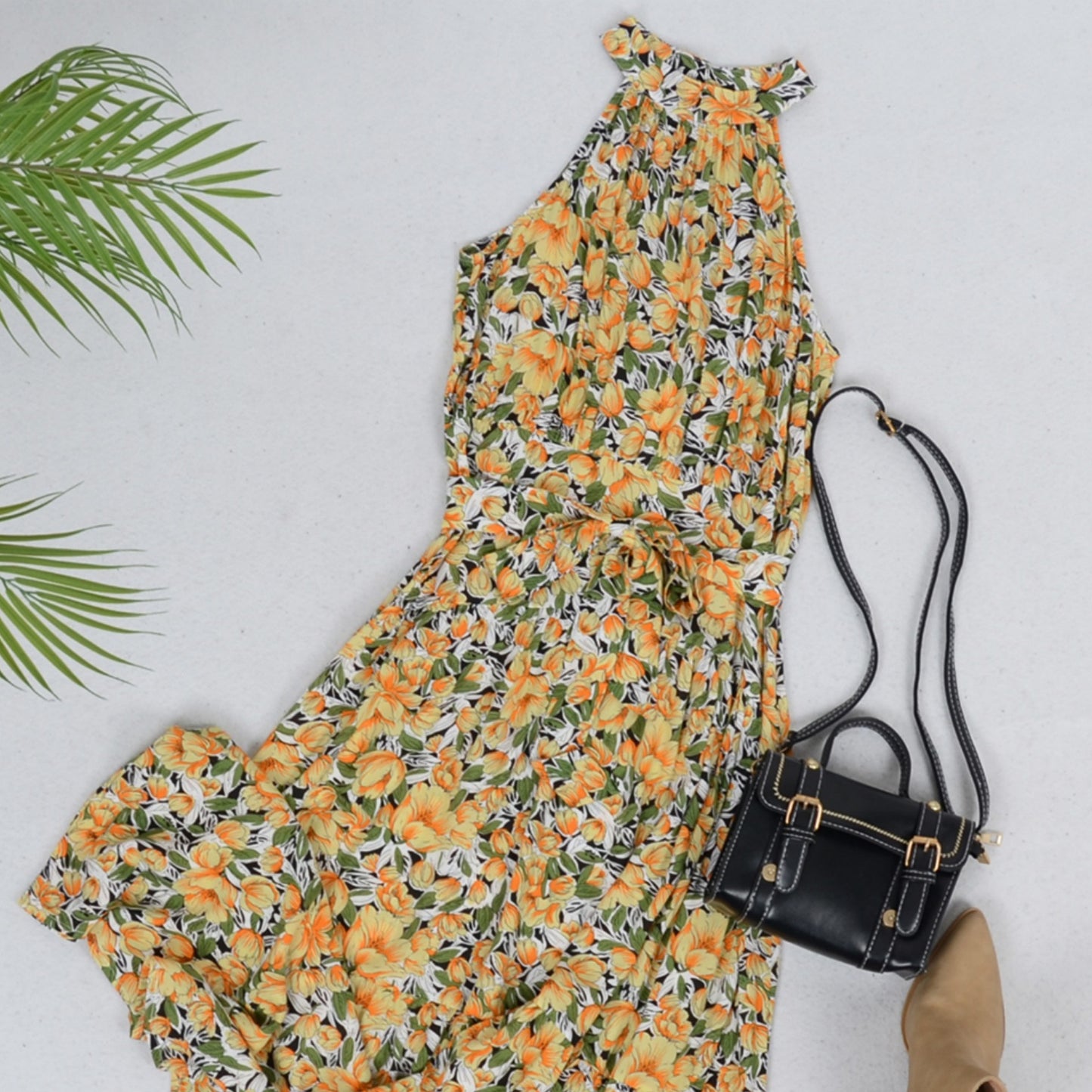 Anna-Kaci Women's Halter Neck Floral Maxi Dress with Waist Tie and Flowing Skirt