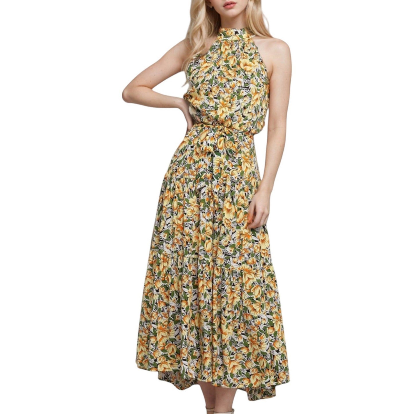 Anna-Kaci Women's Halter Neck Floral Maxi Dress with Waist Tie and Flowing Skirt