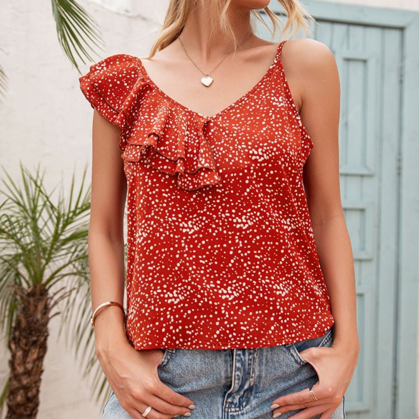 Anna-Kaci Women's Sleeveless Spaghetti Strap Top with Ruffle Front and Allover Polka Dot Print