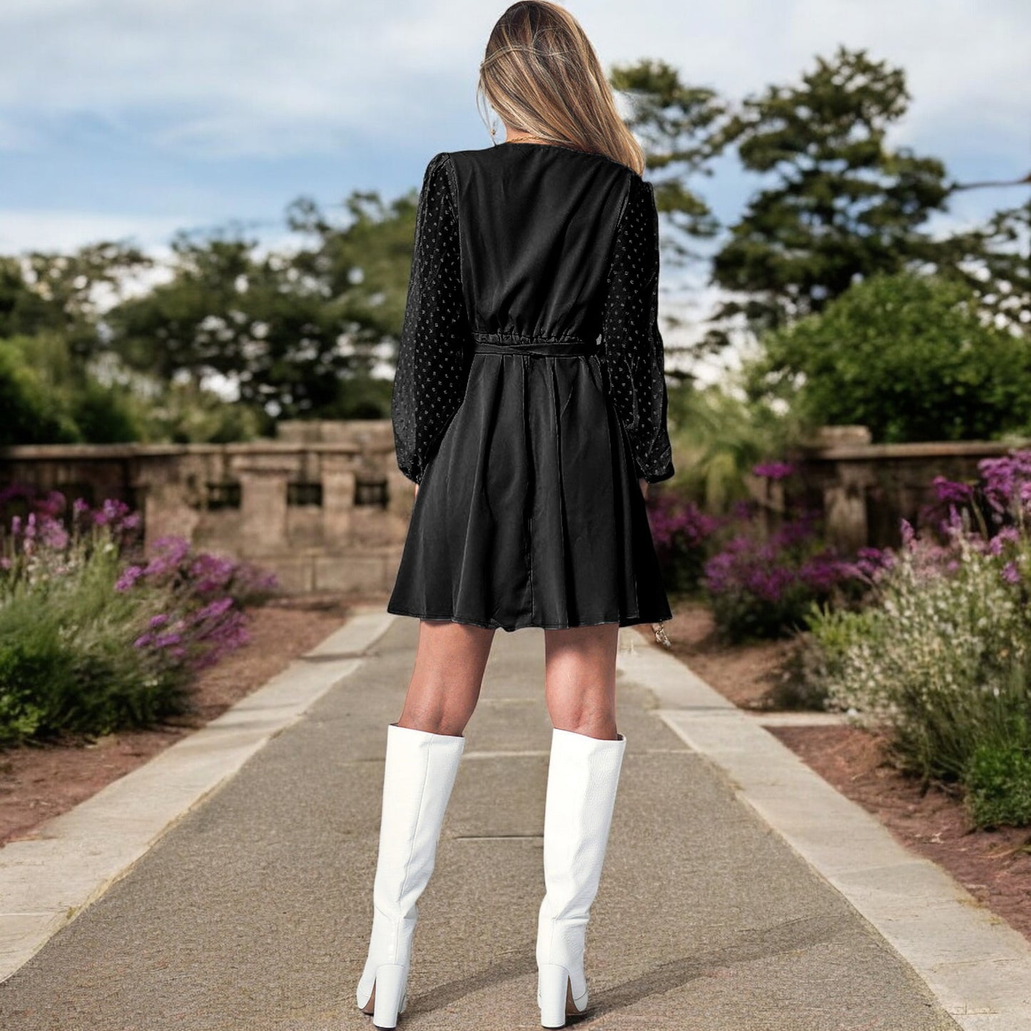 Anna-Kaci Women's V-Neck Long Sleeve Mini Dress with Sheer Dotted Sleeves and Waist Tie Detail