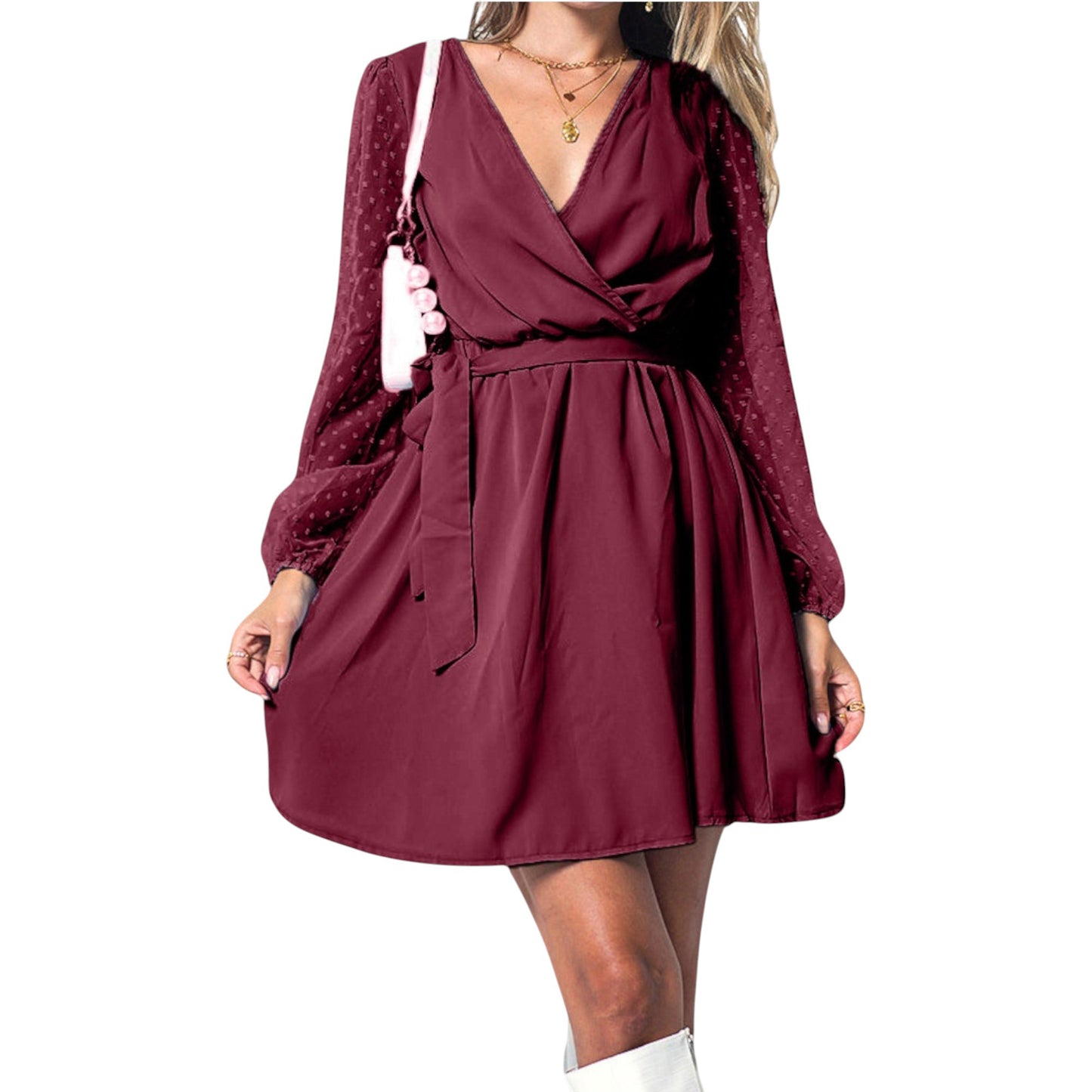 Anna-Kaci Women's V-Neck Long Sleeve Mini Dress with Sheer Dotted Sleeves and Waist Tie Detail
