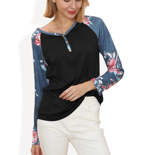 Anna-Kaci Women's Long Sleeve Raglan Henley Top with Button Detail and Floral Print Sleeves