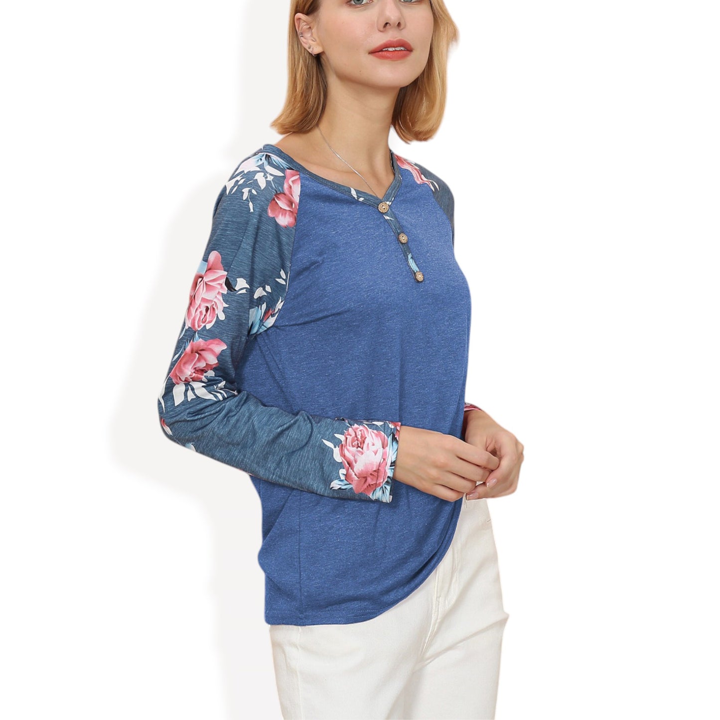 Anna-Kaci Women's Long Sleeve Raglan Henley Top with Button Detail and Floral Print Sleeves