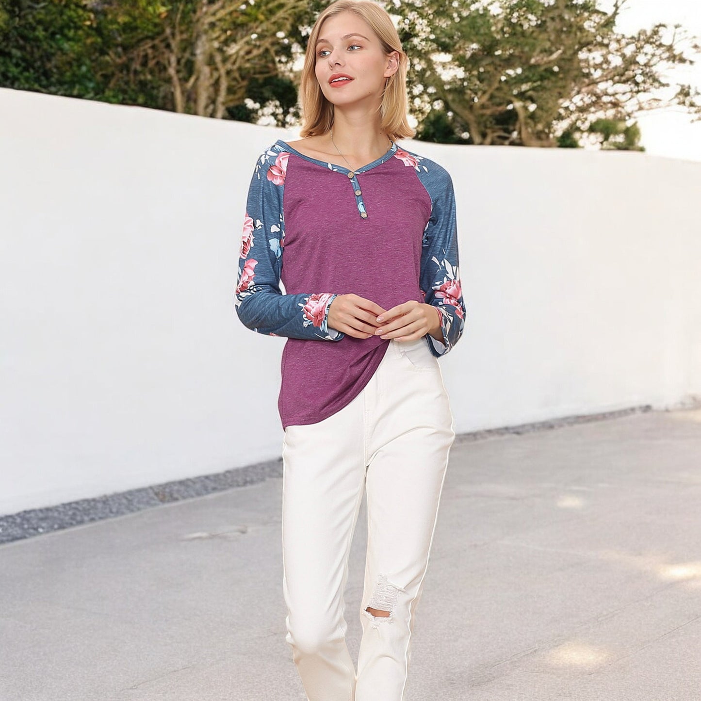Anna-Kaci Women's Long Sleeve Raglan Henley Top with Button Detail and Floral Print Sleeves
