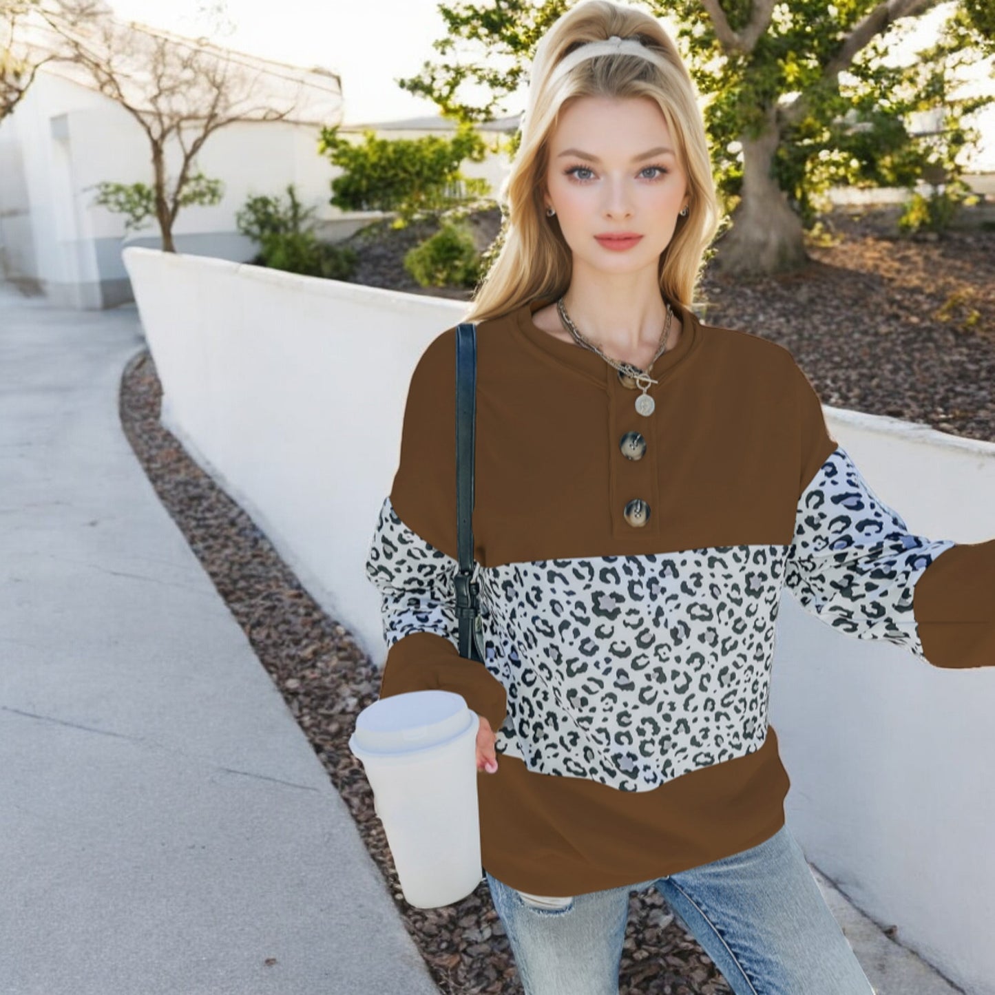 Anna-Kaci Women's Leopard Print Pullover Sweatshirt with Long Sleeves and Ribbed Cuffs