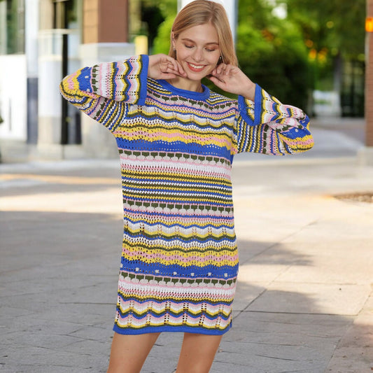 Anna-Kaci Women's Long Sleeve Knit Sweater Dress with Colorful Striped Pattern and Relaxed Fit