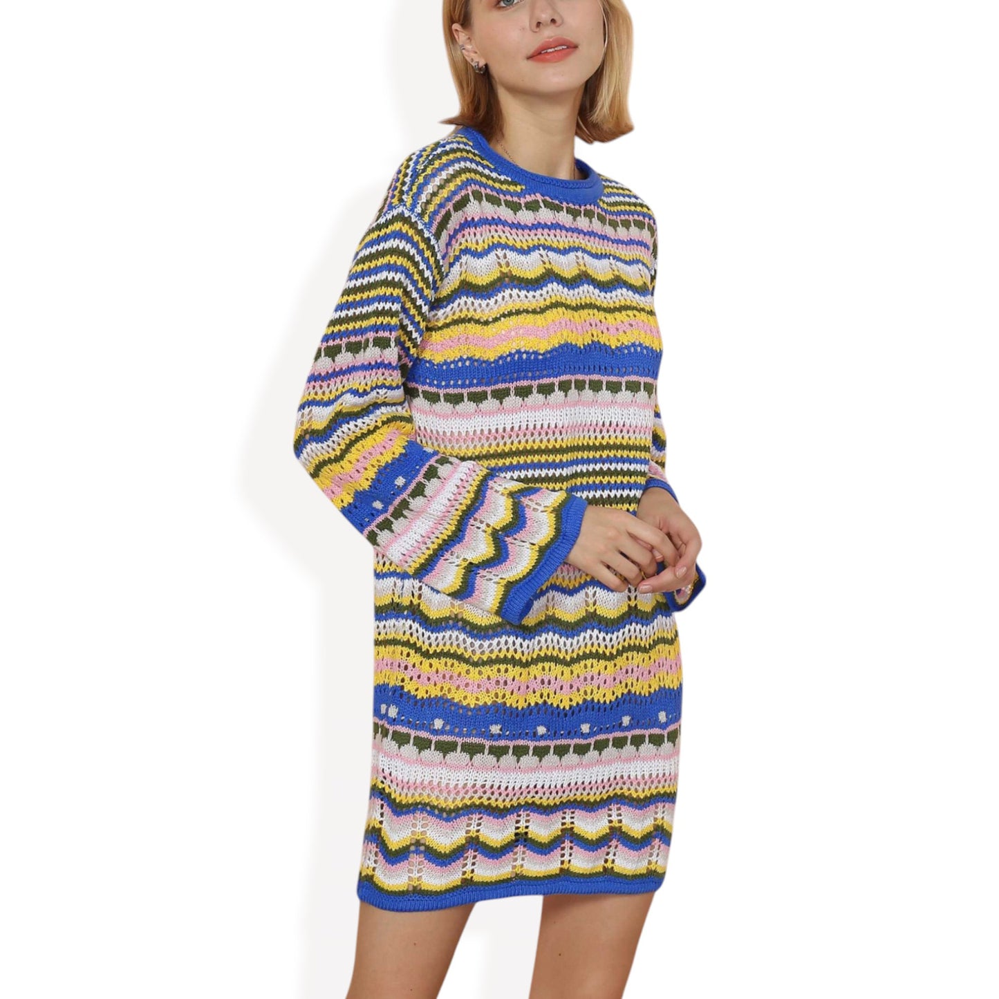 Anna-Kaci Women's Long Sleeve Knit Sweater Dress with Colorful Striped Pattern and Relaxed Fit
