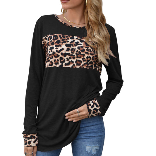 Anna-Kaci Women's Long Sleeve Pullover Top with Leopard Print Chest Panel and Cuff Accents