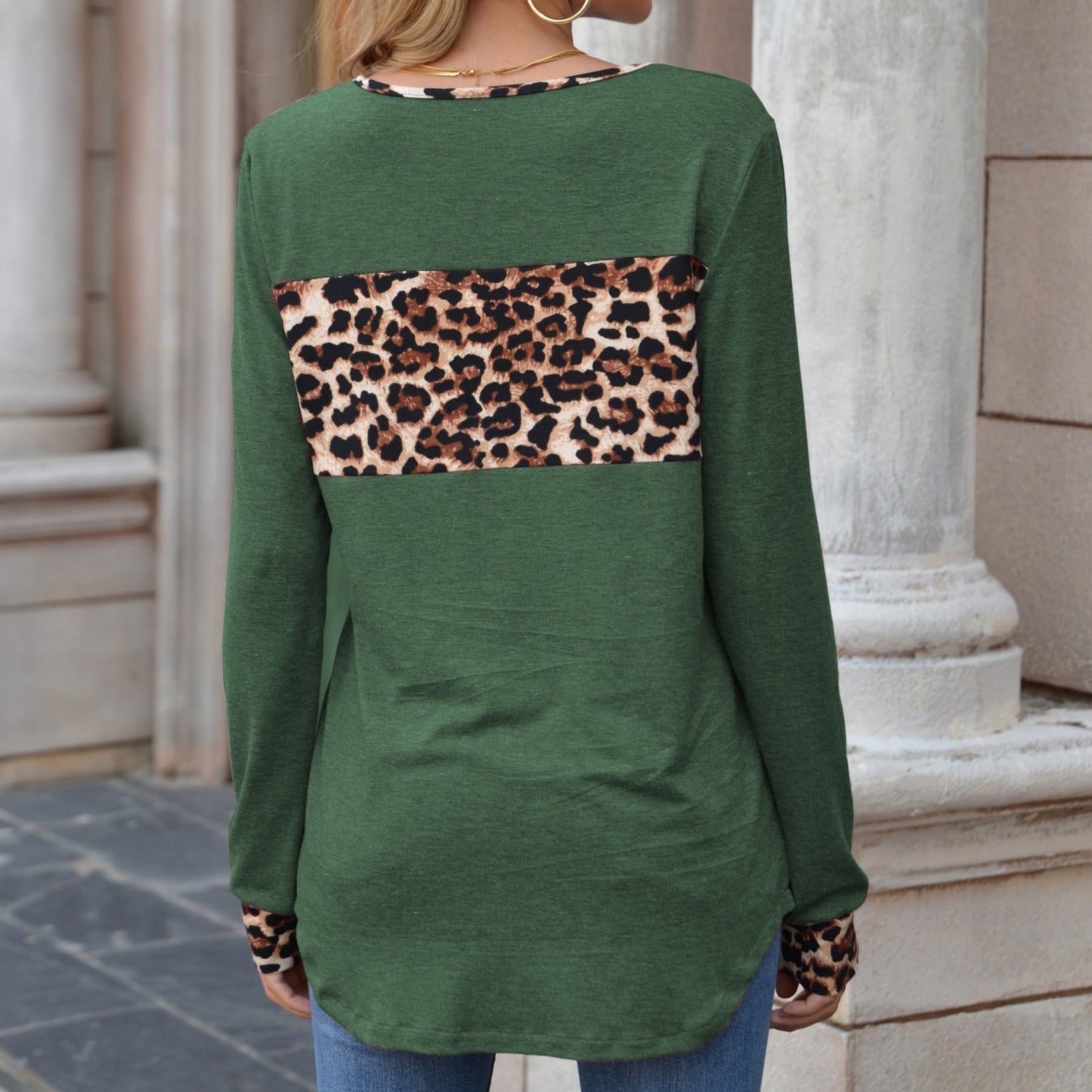 Anna-Kaci Women's Long Sleeve Pullover Top with Leopard Print Chest Panel and Cuff Accents