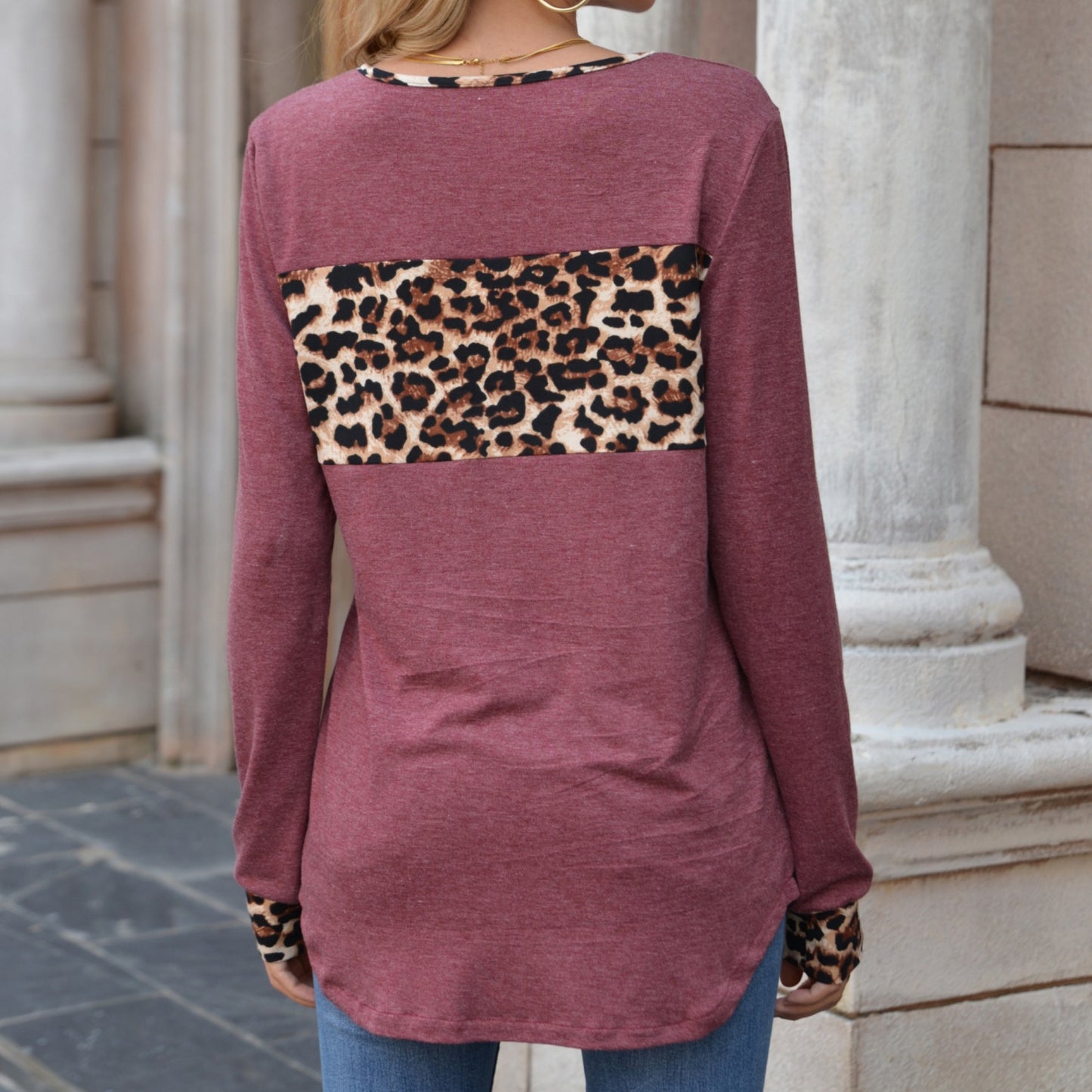 Anna-Kaci Women's Long Sleeve Pullover Top with Leopard Print Chest Panel and Cuff Accents