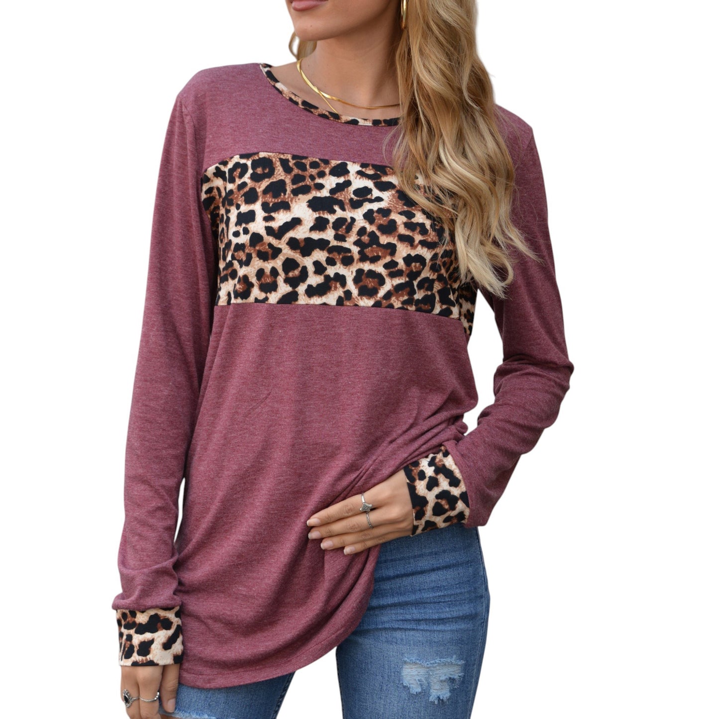 Anna-Kaci Women's Long Sleeve Pullover Top with Leopard Print Chest Panel and Cuff Accents